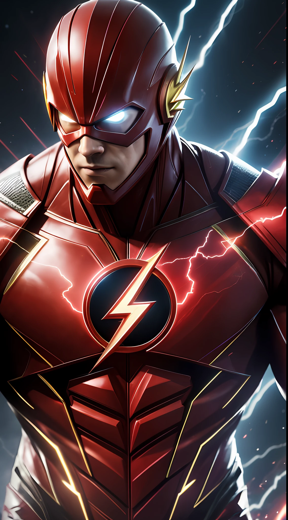 The Flash (Injustice 2), best quality, high resolution, tall, muscular, hunk, white and scarlet red neon suit, big glowing yellow eyes, standing powerfully pose, yellow lightning trail, detailed face, detailed suit, ultra detailed, masterpiece, tunnle of light in the background, 4k, raw photo, volumetric lighting, low camera angle