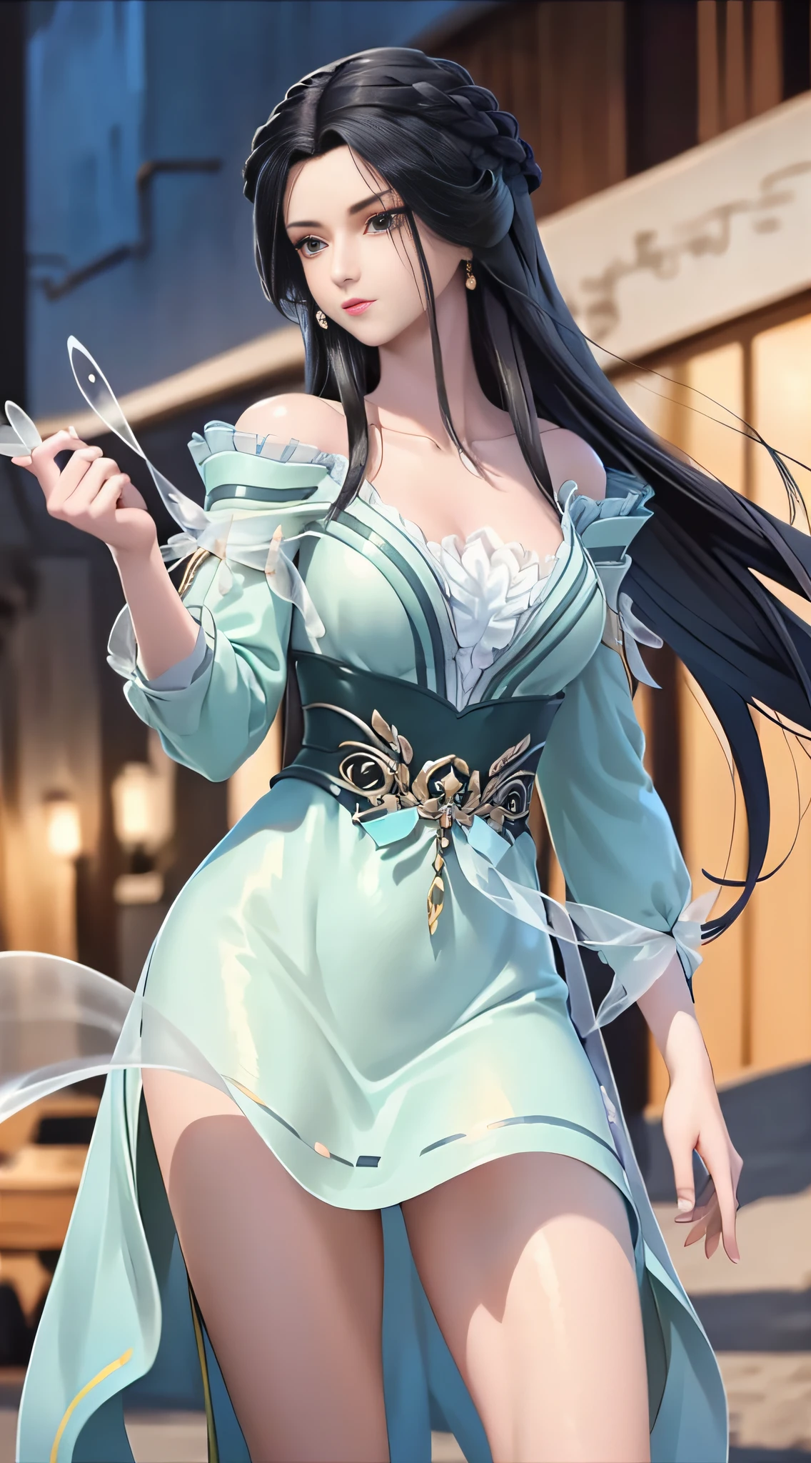 masterpiece,best quality,1girl, black hair, bare shoulders, long hair, dress,cowboy shot, dynamic pose, dynamic angle,