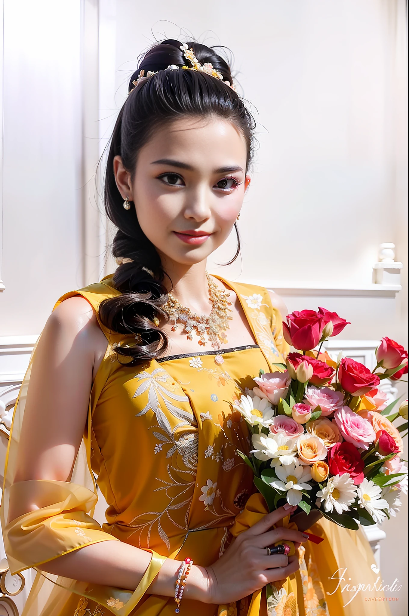 there is a woman in a yellow dress holding a bouquet of flowers, lady using yellow dress, asian woman, a young asian woman, south east asian with long, an asian woman, young asian woman, with flowers, closeup portrait shot, beautiful young asian woman, beautiful asian woman, nivanh chanthara, beautiful oriental woman, traditional beauty, asian female