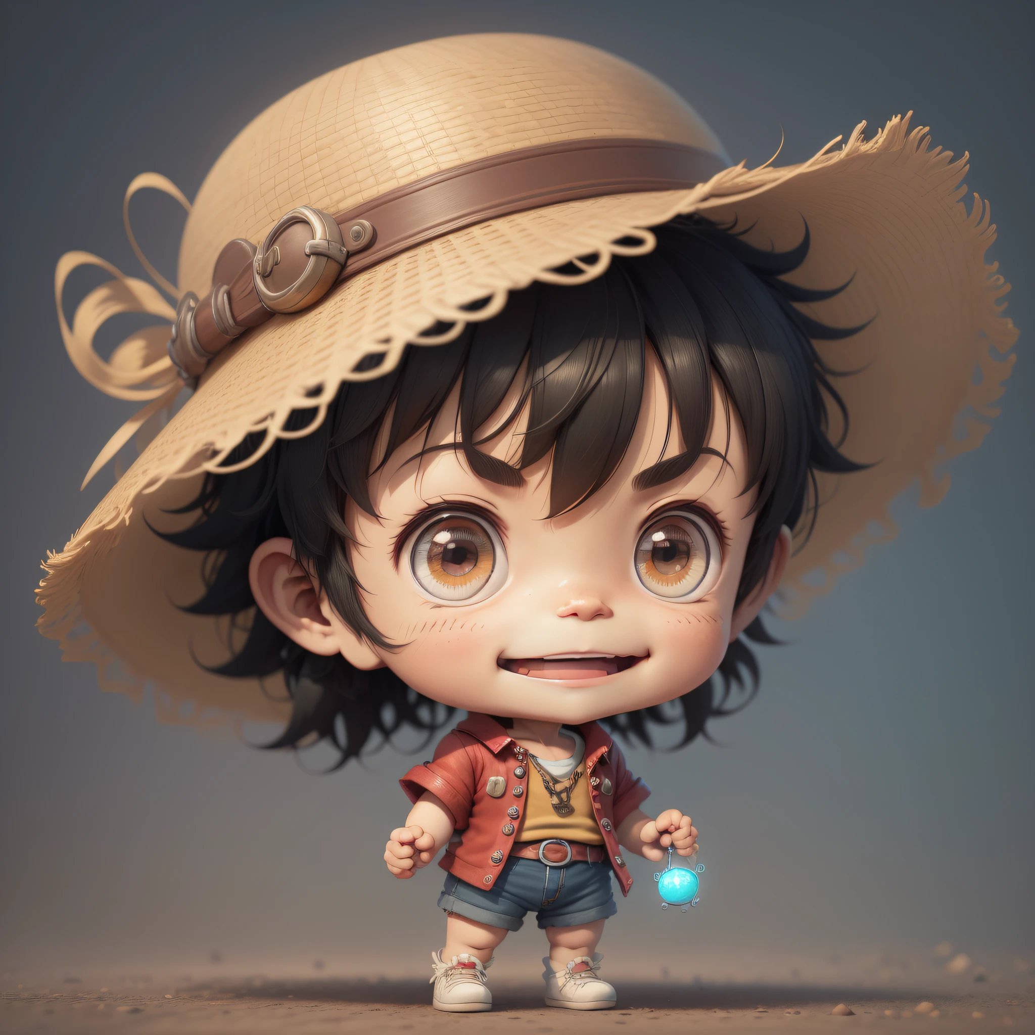 Full body 3D art of super cute boy, luffy, black hair, wearing straw hat, pretty eyes, big eyes, cute, happy, c4d, pop Matt Blind Box, glowing bubbles, toys, solid color background, chibi, fluorescent translucent, glowing body, kawaii, doll, reference sheet, pop mart blind box, Pixar, intricate detail, 3d rendering, blender, OC renderer , foll body reference sheet, dribble, high detail, 8k, studio lighting, ****, petite, child, chibi, character SD:1.1