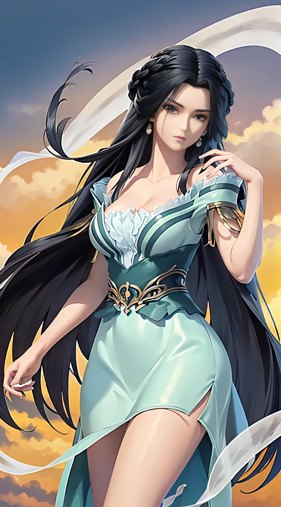 masterpiece,best quality,1girl, black hair, bare shoulders, long hair, dress,cowboy shot, dynamic pose, dynamic angle,