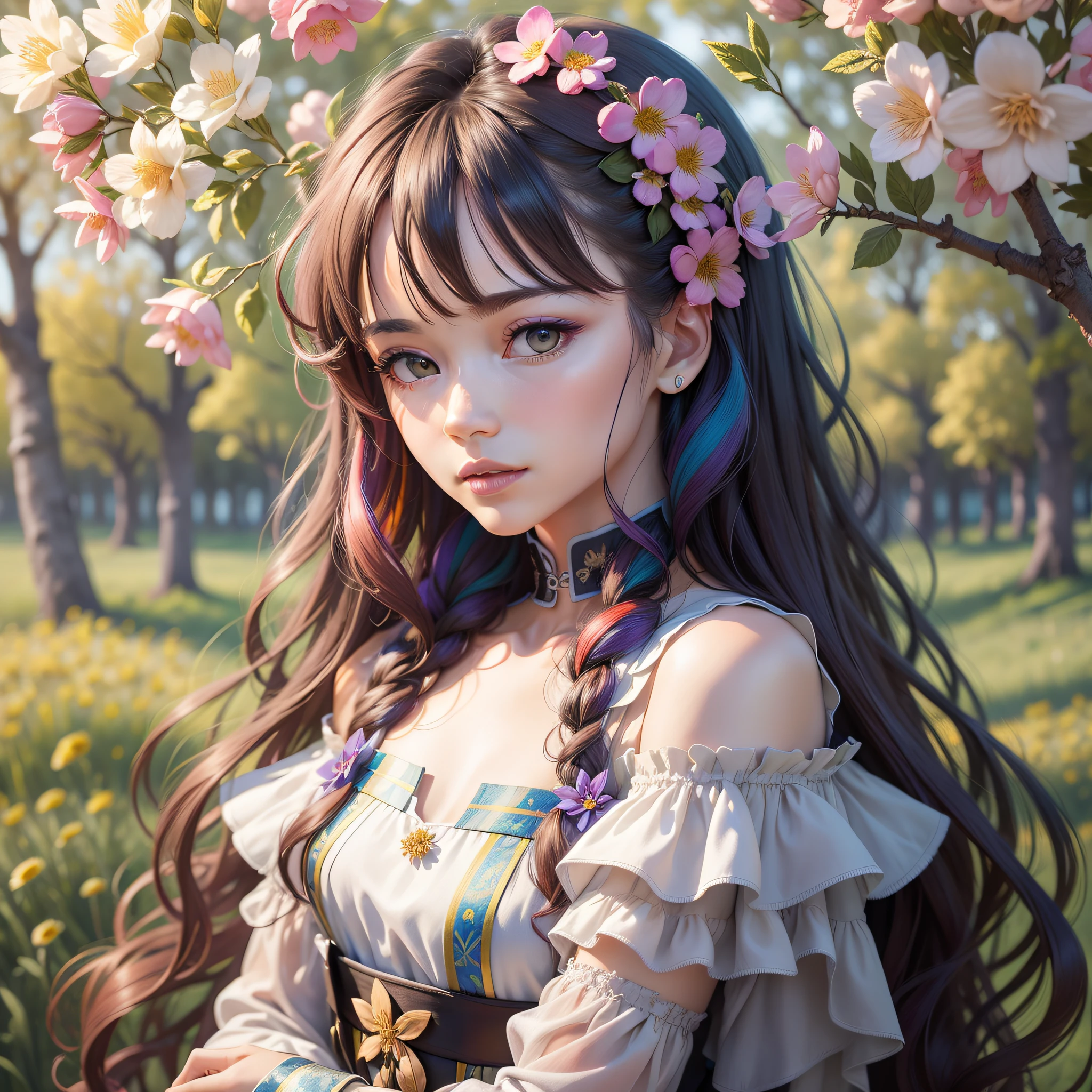 Chiron Duong award winning intrinsic detail photograph-painting hybrid high fashion portrait vogue style female supermodel multicolored small flower dress with long curly hair in fields of flowers during outdoor party in a spring color palette, hd, 8k --ar 2:3 --style raw