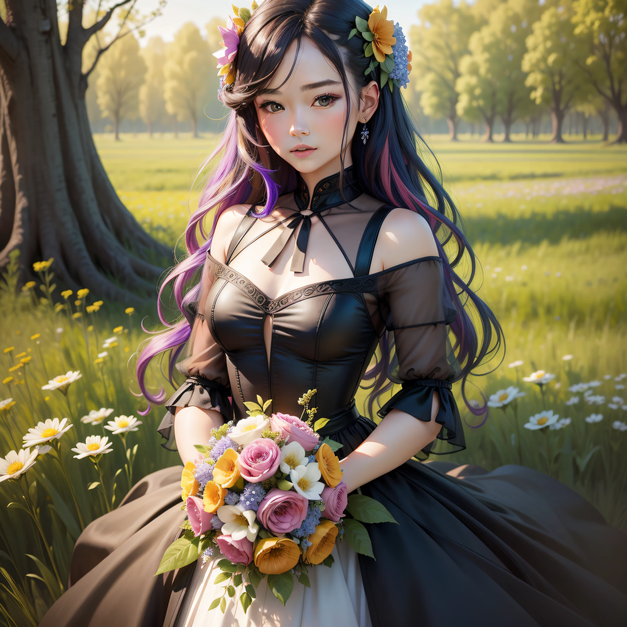 Chiron Duong award winning intrinsic detail photograph-painting hybrid high fashion portrait vogue style female supermodel multicolored small flower dress with long curly hair in fields of flowers during outdoor party in a spring color palette, hd, 8k --ar 2:3 --style raw