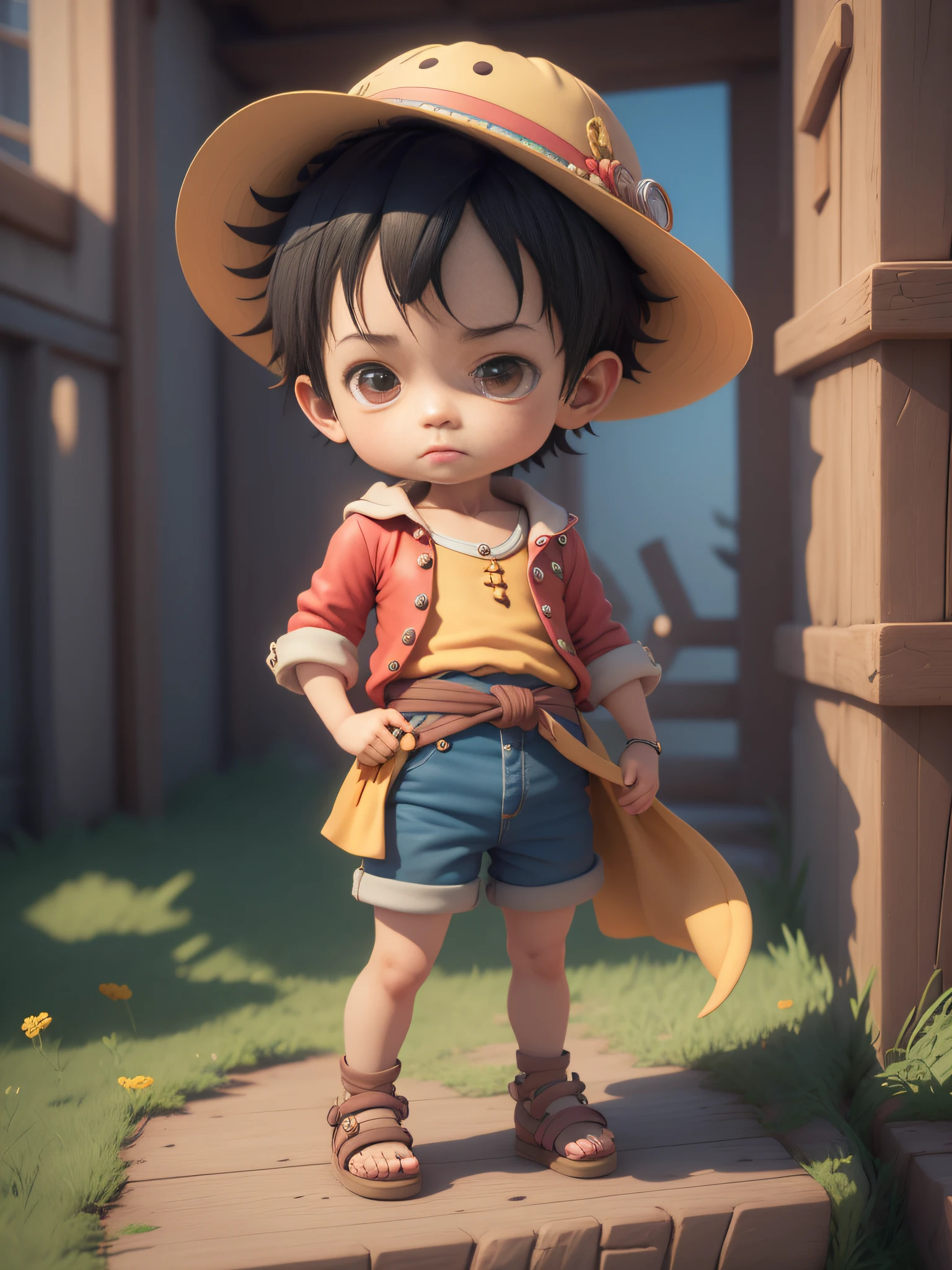 cute 3d render, cute detailed digital art, male explorer mini cute boy, cute digital painting, stylized 3d render, cute digital art, cute render 3d anime boy, luffy the little pirate looks up, cute! c4d, portrait anime sea pirate boy, he is wearing an open long-sleeved red cardigan with four buttons, with a yellow sash tied around his waist, blue shorts, sandals.