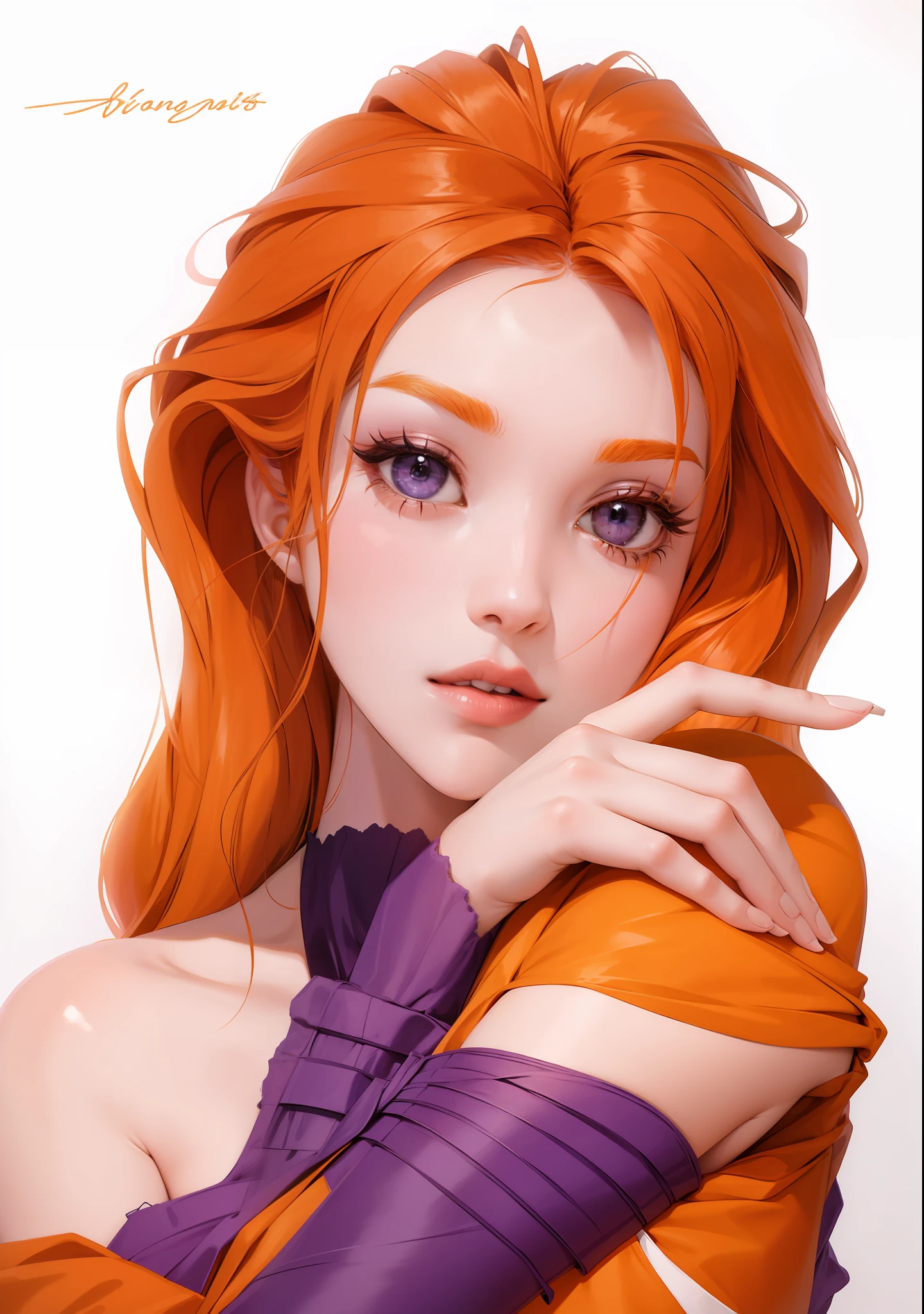 Beauty, bare shoulders, orange hair, purple clothes, light makeup