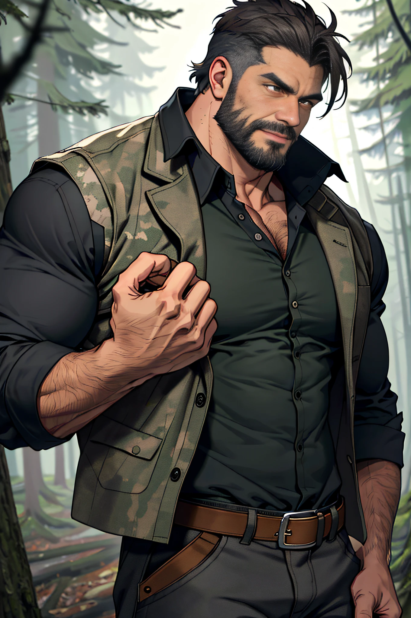 Mature man, best quality, lumberjack, camouflage coat, dark gray vest (ripped and full of stains), bad, masterpiece, super high resolution, detailed background, reality, illustration, single, 1 boy, muscle man, beard, country, woods, muscles, facial hair, volumetric lighting, depth of field, wheezing, raised crotch, handsome action, big dynamics