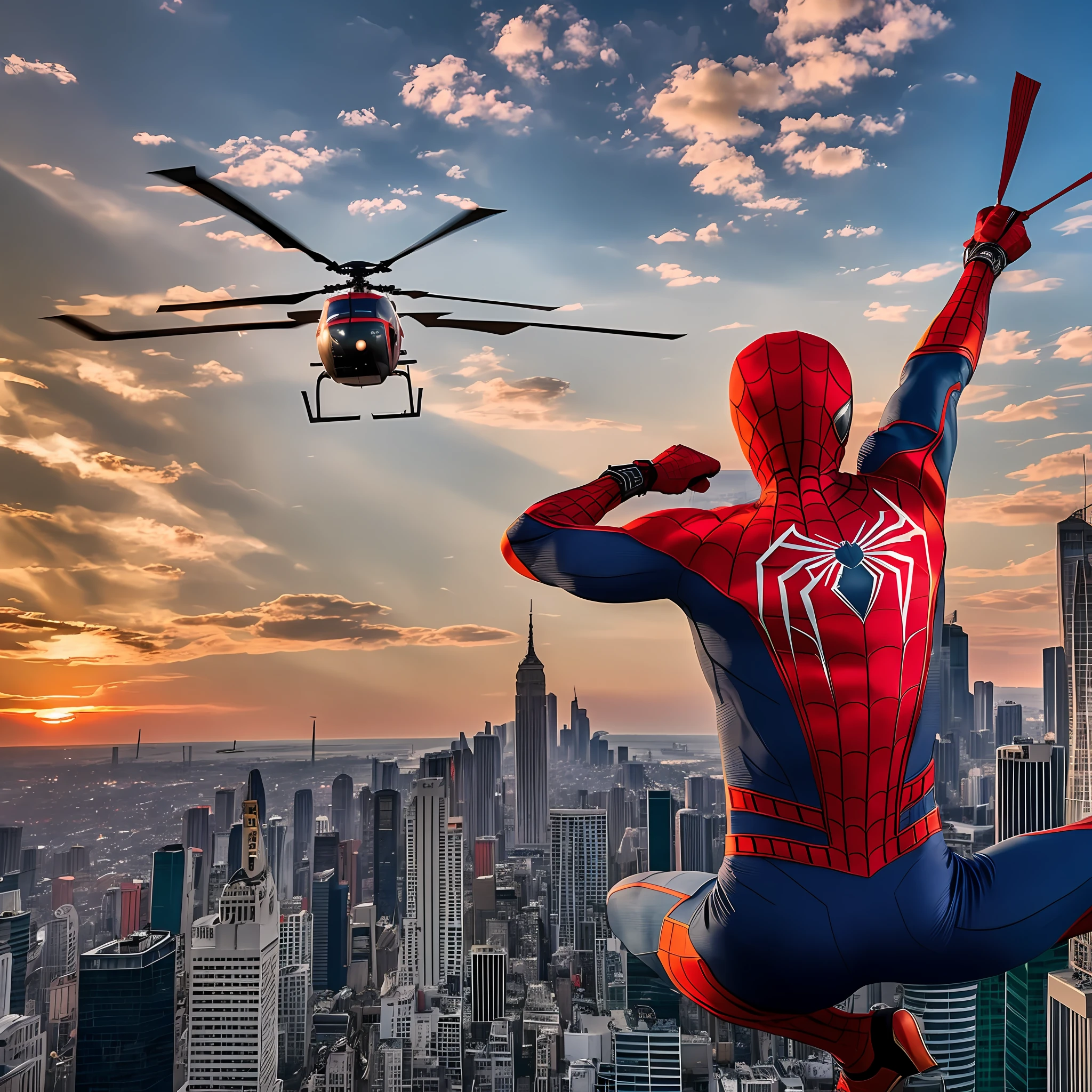 {best quality}, {{masterpiece}}, {{ultra realistic}}, a spiderman, dressed back and red suit, throws webbing to the helicopter, helicopter is flying, modern buildings in the left and right sides, cloudy sunset --auto --s2