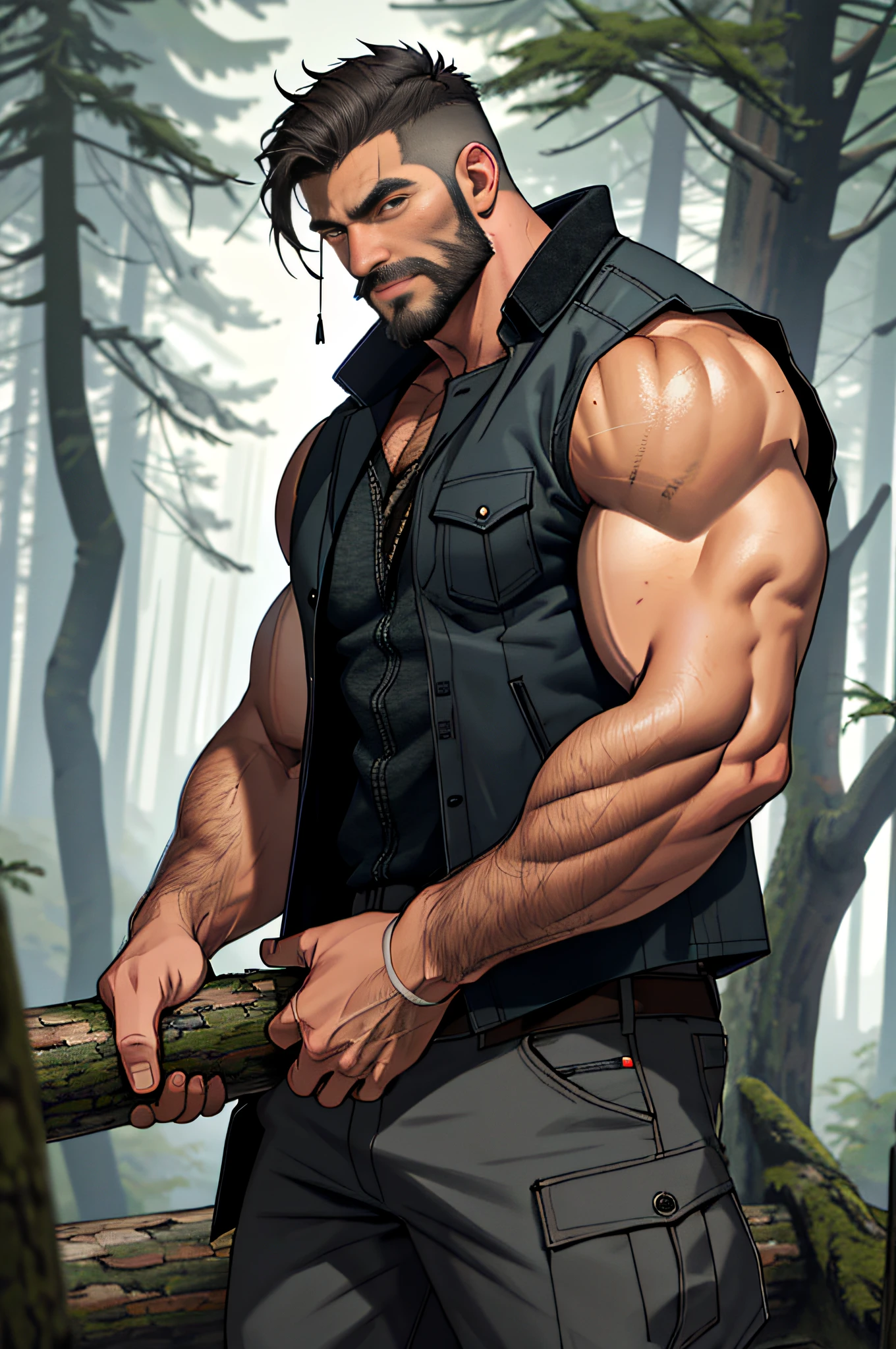 Mature man, best quality, lumberjack, camouflage coat, dark gray vest (ripped and full of stains), bad, masterpiece, super high resolution, detailed background, reality, illustration, single, 1 boy, muscle man, beard, country, woods, muscles, facial hair, volumetric lighting, depth of field, wheezing, raised crotch, handsome action, big dynamics