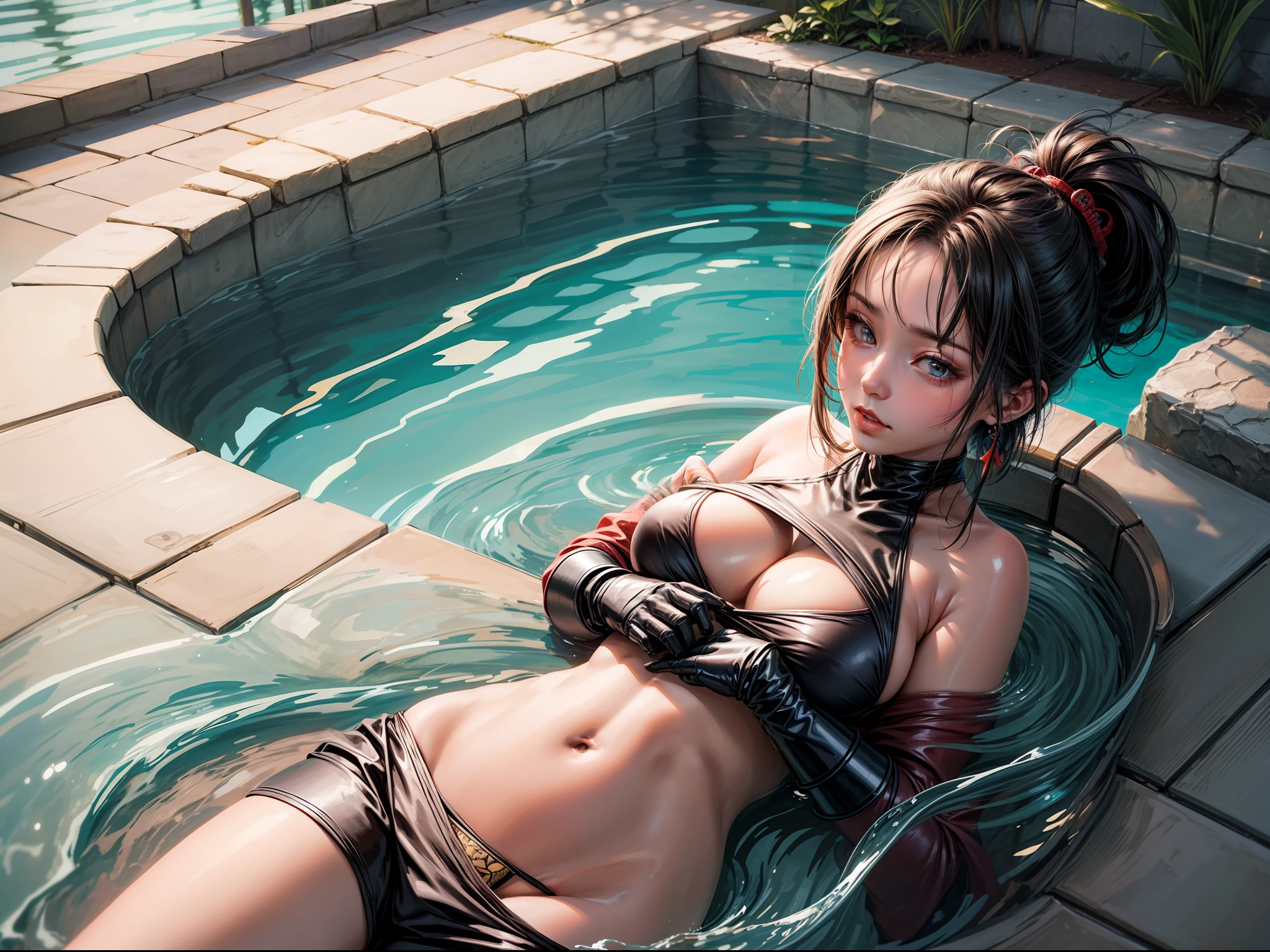 a shinobi with big boob, lie next to a Japanese pool, relax, humming, look away, focus on the toy on her hands