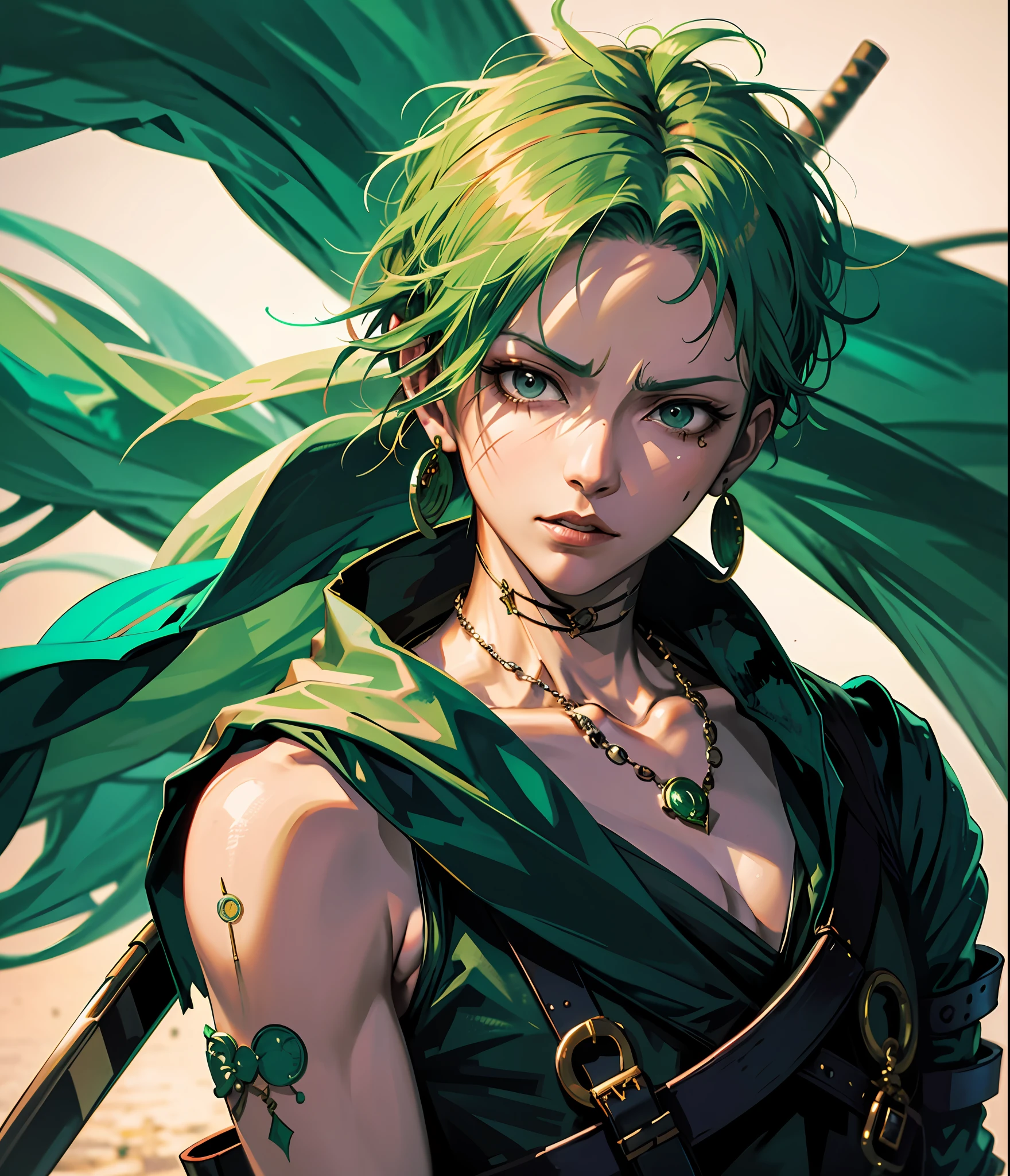 Roronoa Zoro, one piece anime, man, earrings, face, green_hair, jewelry, male_focus, outdoors, short_hair, symmetrical body, portrait, cinematic lighting, high contrast, artstation, character concept art, 8K , simple background, scar over one eye