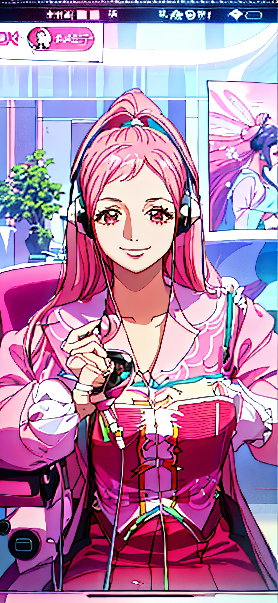 ((({},{},{},{},{},{})), beautiful, girl, hair dryer, pink chair, delfin, vtuber, aimolan, dlaba, smile, full body fairy, inspired, song maojin, headphones, korean idol, cgstation pop.