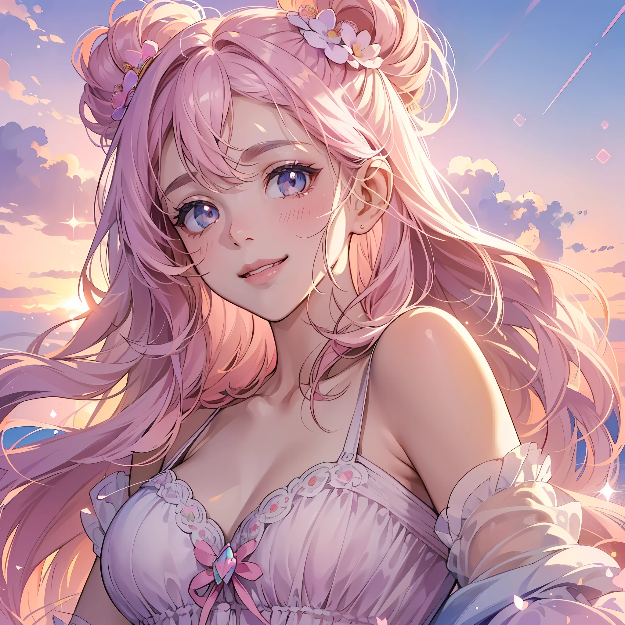 ((masterpiece)), (best quality), best resolution, (super detailed), ((perfect face)), perfect body, (expressive eyes), cute and beautiful girl, (smile), ((cute clothes)), ((pastel pink colours)) ((sky background)), sunset, sun rays, shiny, sparkles, (iridescent), (clean and smooth lines)
