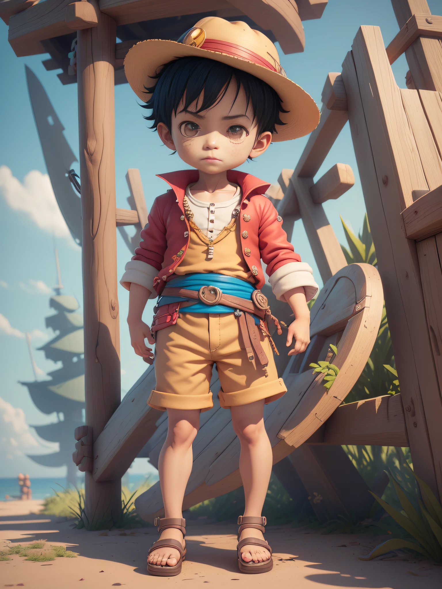 cute 3d render, cute detailed digital art, male explorer mini cute boy, cute digital painting, stylized 3d render, cute digital art, cute render 3d anime boy, luffy the little pirate looks up, cute! c4d, portrait anime sea pirate boy, ((he is wearing an open long-sleeved red cardigan with four buttons, with a yellow sash tied around his waist, blue shorts with cuffs, sandals)), ((standing in a pirate ship)).