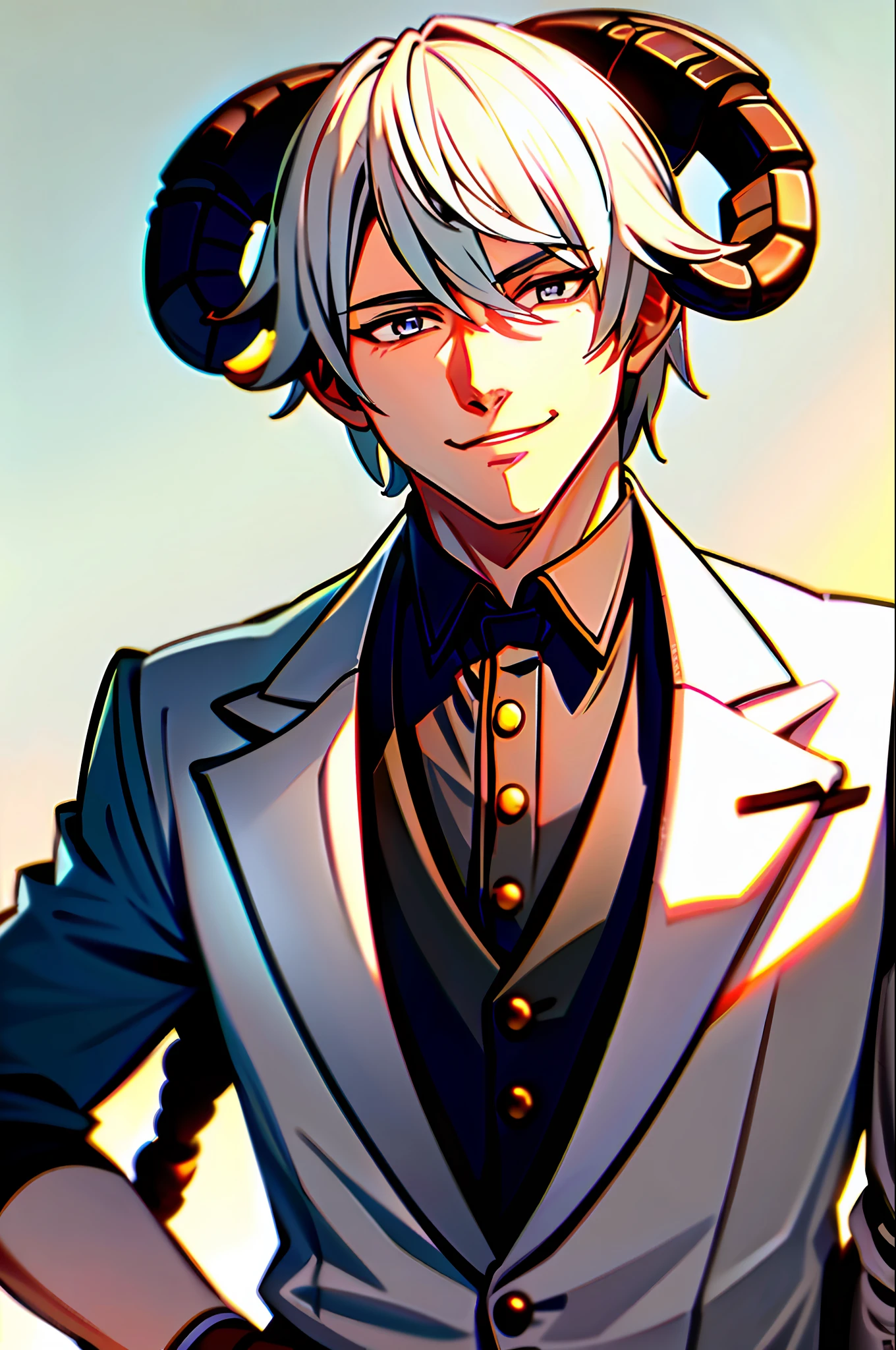 (Best Quality: 1.2), (Best Quality: 1.2), Perfect Anime Illustration, Ultra Micro Animation, Analog Style, Very Handsome Male Salesman, (Sheep Horns Extending From the Head: 1.3), Highly Detailed Beautiful Face and Eyes, Watching Viewer, Smile, Cowboy Shot, Beautiful White Hair, Solo, Dynamic Angle, Beautiful Detailed Business Suit
