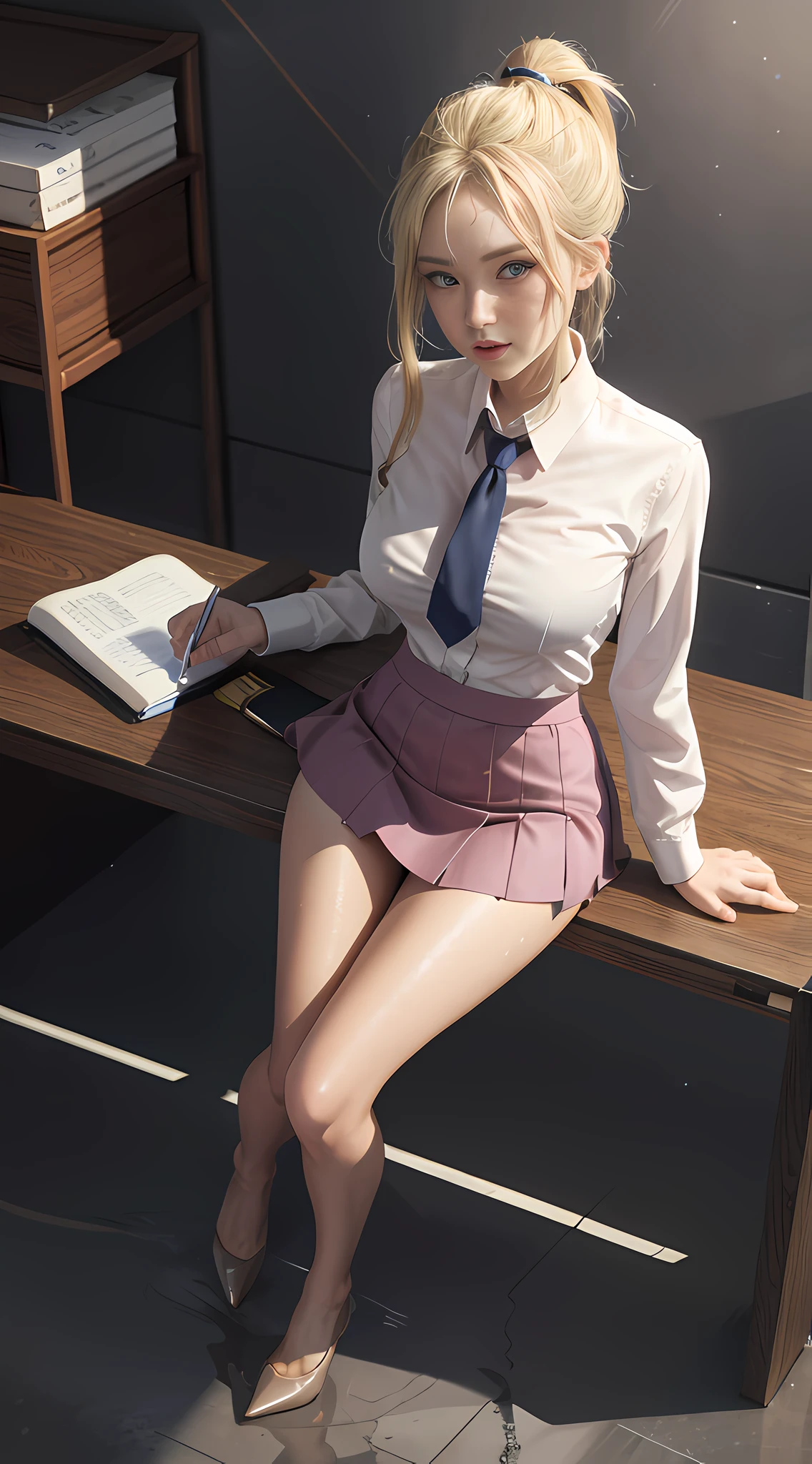High quality, best quality, masterpiece, absurdity, vibrator in panties, 1 girl, office, blonde, business suit, pen holder skirt, standing with legs extended: 1.1, blush, ponytail, wet panties, sitting, wet floor, (open clothes, expose entire breasts, flirting skirt: 1.1),