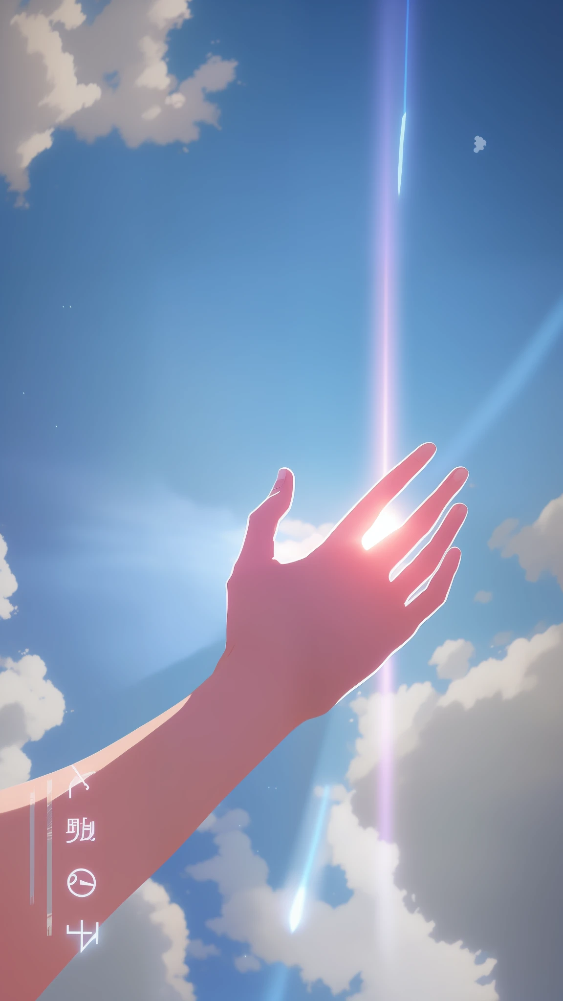 someone is reaching up to the sky with their hand, beautiful image, heavenly light, ( ( makoto shinkai ) ), light emitting from fingertips, reaching towards the heavens, pointing to heaven, makoto shinkai. —h 2160, makoto shinkai. octane render, light instead of hands, makoto shinkai cyril rolando