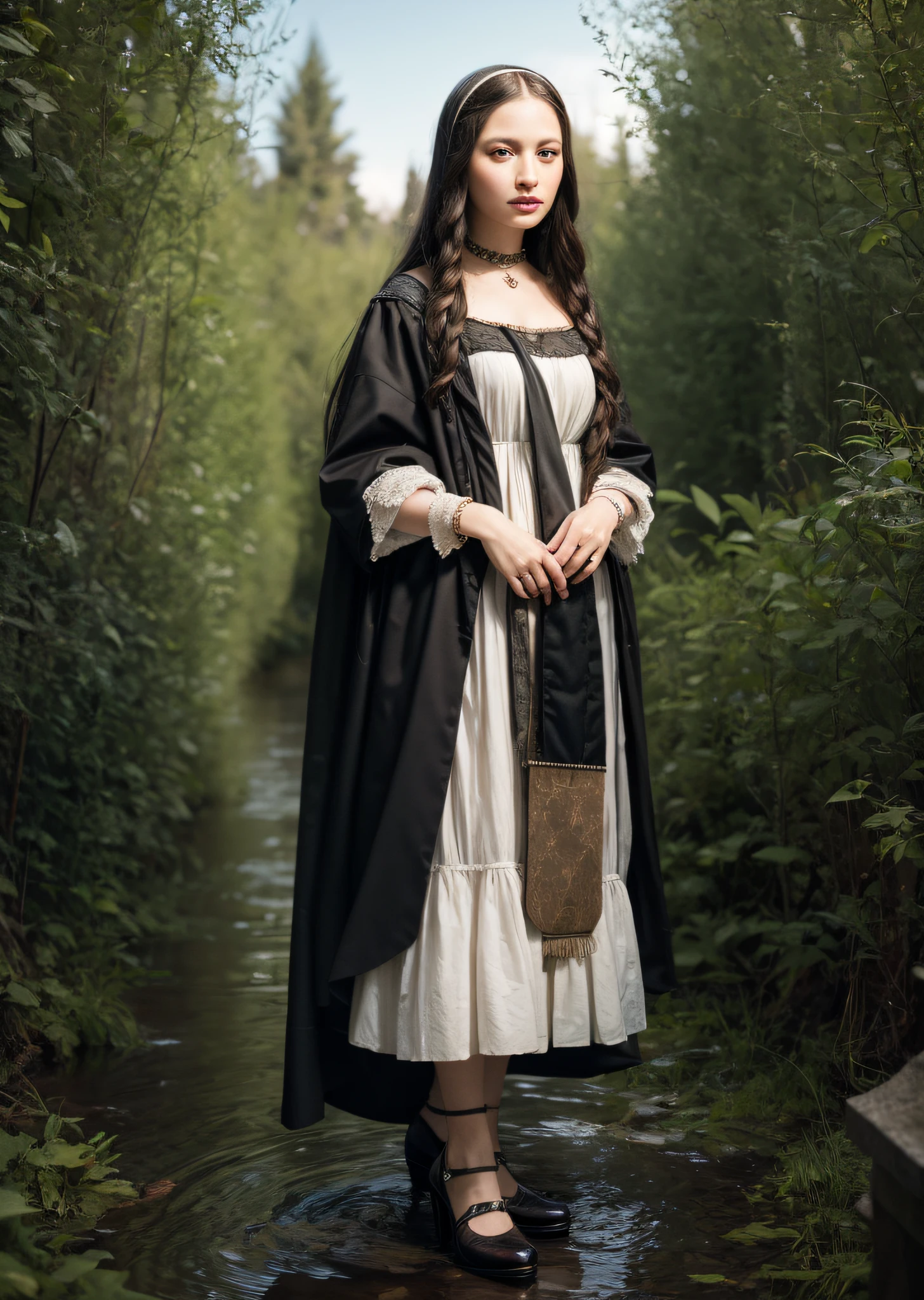 Mona Lisa dressed in rags, standing in the wilderness, gentle expression, full body portrait, shoes, catwalk, masterpiece, highest quality, high quality, highly detailed CG unit 8k wallpaper, award winning photo, bokeh, depth of field, HDR, flood, chromatic aberration, realistic, very detailed, art station trend, CGsociety trend, complex, high detail, dramatic, midway art, volumetric lighting