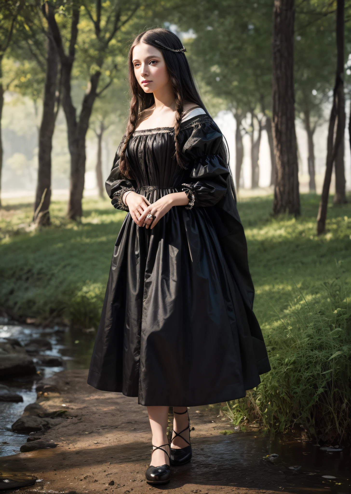 Mona Lisa dressed in rags, standing in the wilderness, gentle expression, full body portrait, shoes, catwalk, masterpiece, highest quality, high quality, highly detailed CG unit 8k wallpaper, award winning photo, bokeh, depth of field, HDR, flood, chromatic aberration, realistic, very detailed, art station trend, CGsociety trend, complex, high detail, dramatic, midway art, volumetric lighting
