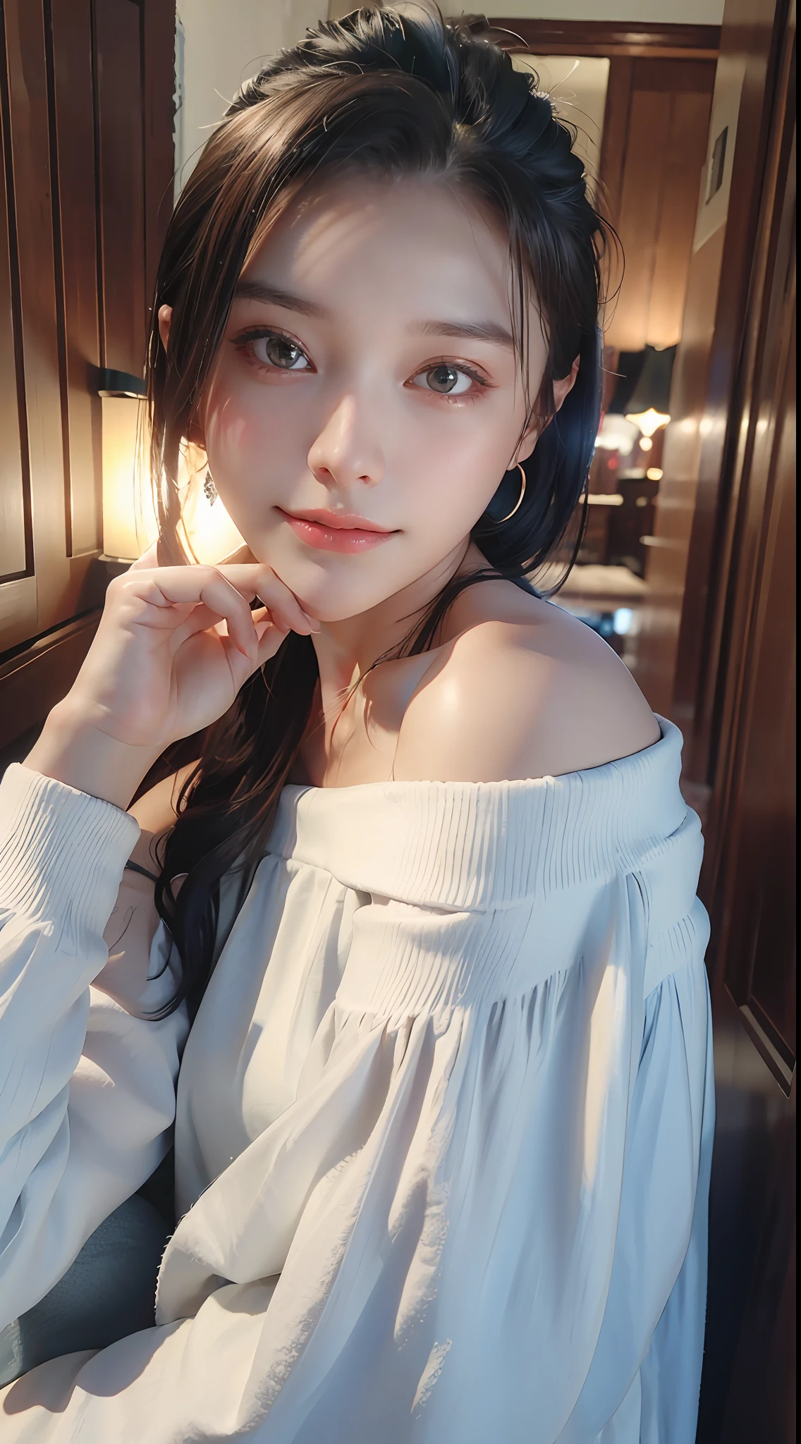 Best quality, masterpiece, ultra high res, (photorealistic:1.4), raw photo, 1girl, off shoulder, cinematic lighting