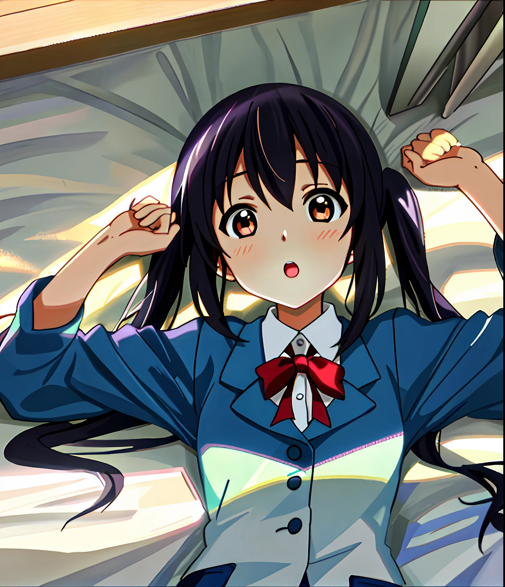 SeaArt Bot Txt2Img 17:20:02 1girl, ((Masterpiece))), Best Quality, Best Quality, High Detail, Azusa Nakano, 1girl, Sakuragaoka High School Uniform, Musical Instrument, School Uniform, Twin Tails, Long Hair, Black Hair, Brown Eyes, Solo, Red, Dark blue blazer with a thin ribbon of red, Solid white button shirt under blazer, Illustration, Cartoon, Soothing tone, Soothing colors, soft cinematic light, Adobe Lightroom, Photolab, HDR, complex and highly detailed, (((depth of field)))). (((Masterpiece))). (((highest quality))).) ((super detail))). (((Illustration))). (((Outside))). (((fighting stance))).,(((Lying down))).dynamic focus.small breasts.. (((Face of sadness))). Open mouth.Close your eyes.Clench your fists.Ground.Lie on your back.