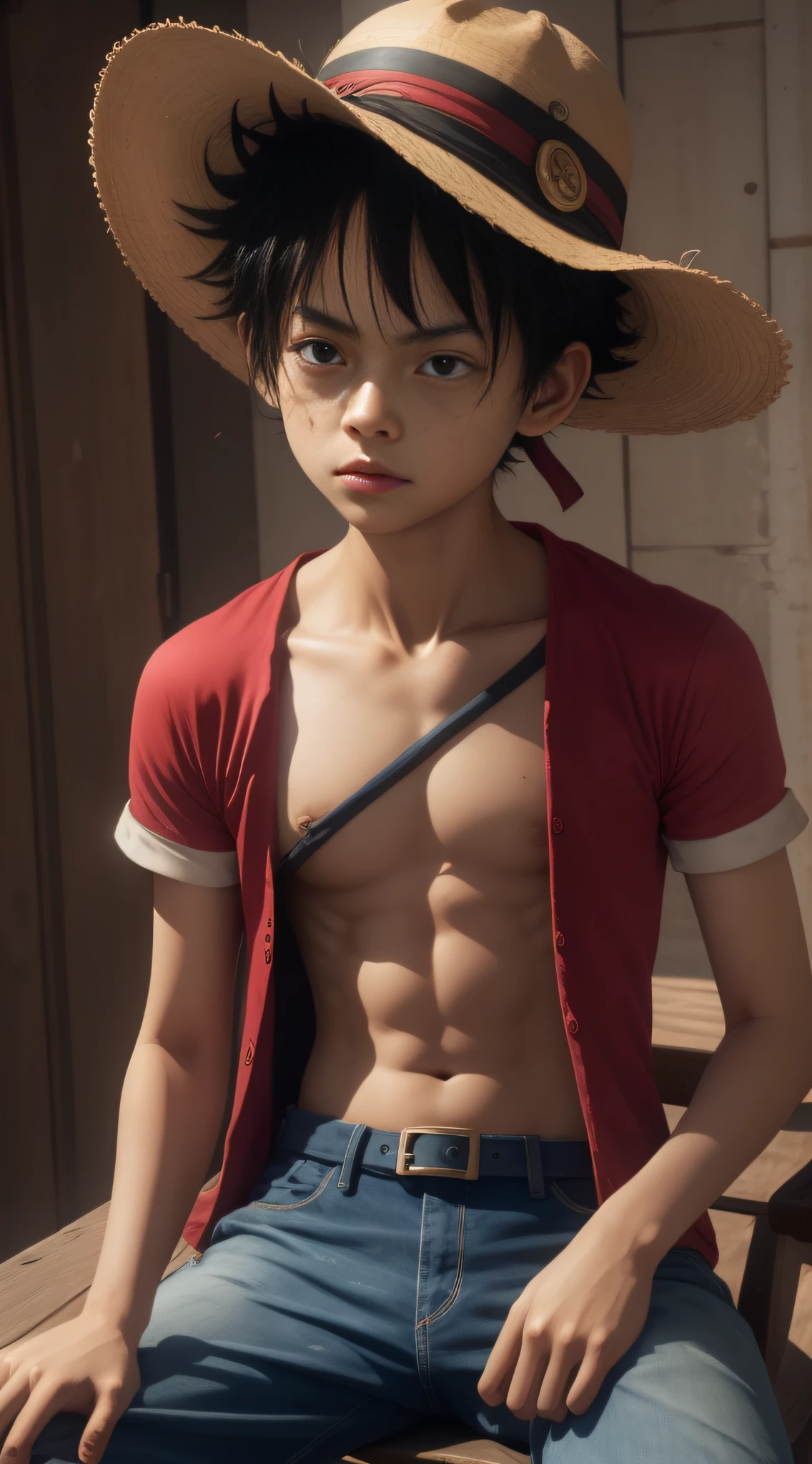 Luffy has black shaggy hair, round black eyes, and a slim muscular build. He is renowned for his trademark straw hat, which was lent to him when he was young by the legendary pirate captain, "Red-Haired" Shanks,[35] who in turn received it from Gol D. Roger.[43] luffy He wears blue shorts with cuffs, sandals, and a sleeveless red vest. Luffy also has a scar with two stitches underneath his left eye, which he earned as a child by stabbing his face to show Shanks that he was tough enough to be a pirate.[44] He was severely wounded by Akainu in the Summit War of Marineford,[45] leaving a large X-shaped scar on his chest.[46]