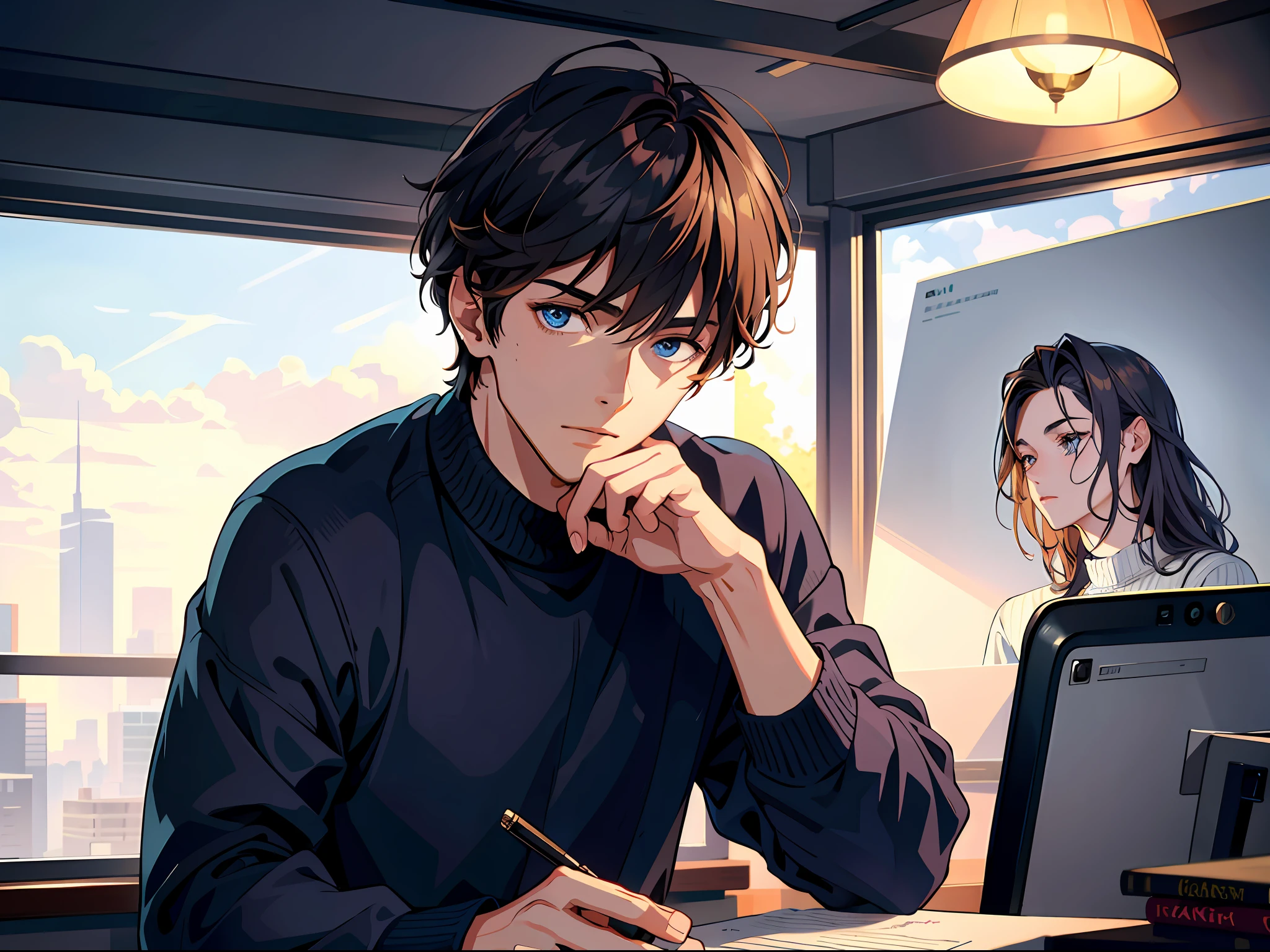 High resolution, highest quality, illustrations, super detailed, (detailed face), (detailed eyes) a young handsome young man, wearing a casual sweater, sitting at a desk, looking tired