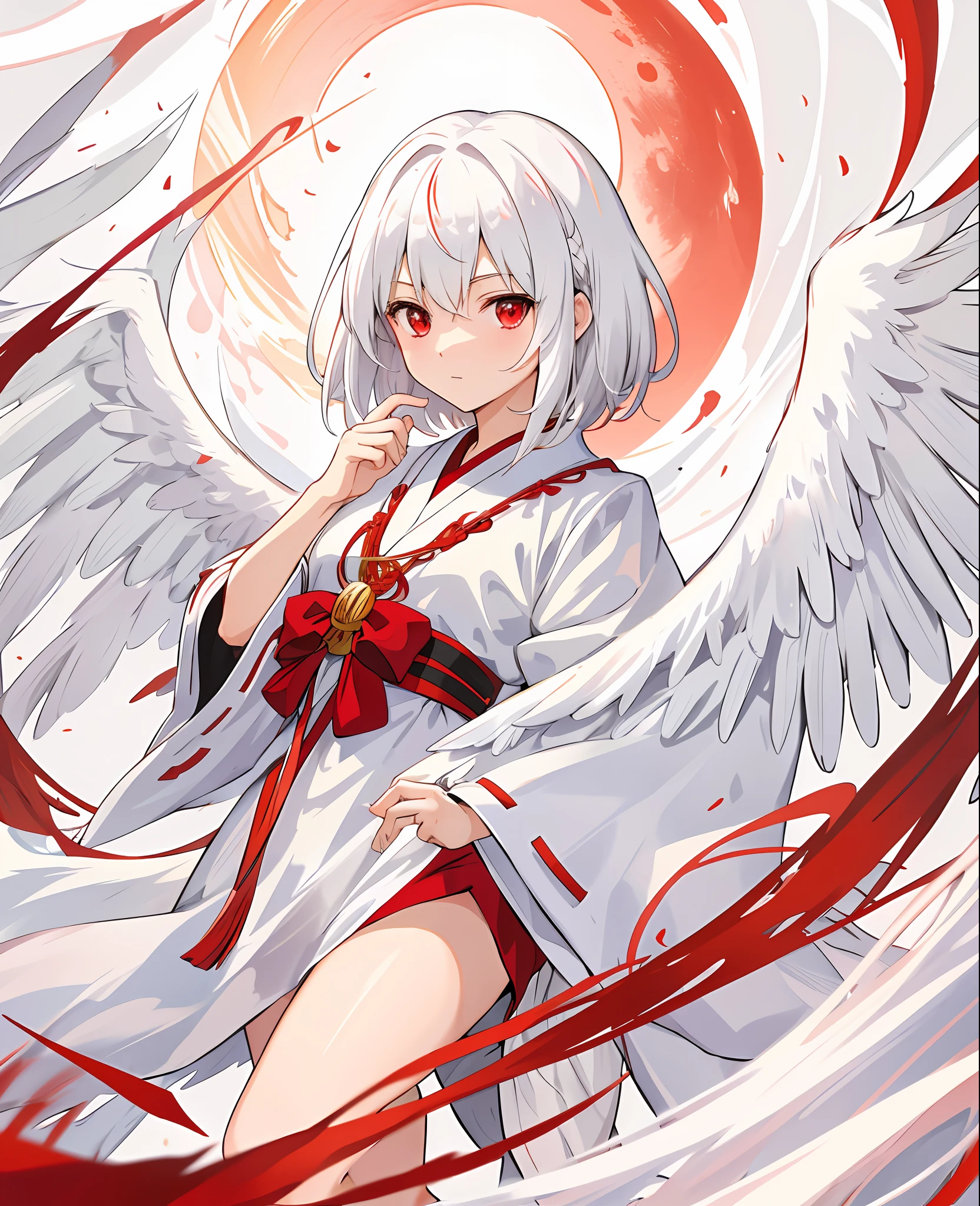white hair, bird wings, shrine maiden, red eyes, masterpiece, short hair, red moon, ultra high res, best quality, beautiful, flowing background