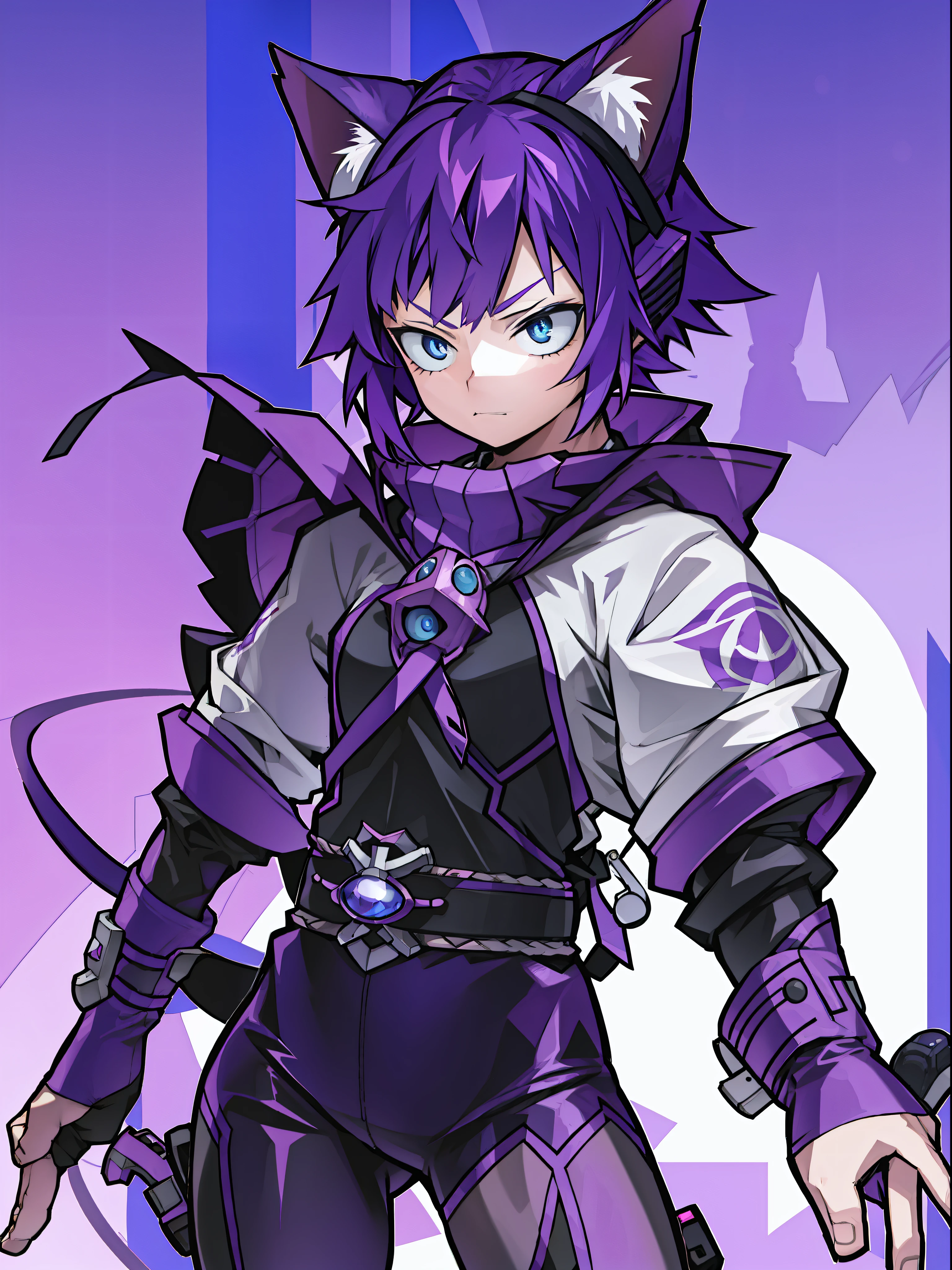 A , Short Hair, Purple Hair, Small Purple Cat Ears, A Purple Cat's Tail, Blue Eyes, Assassin Clothing, Amine Style