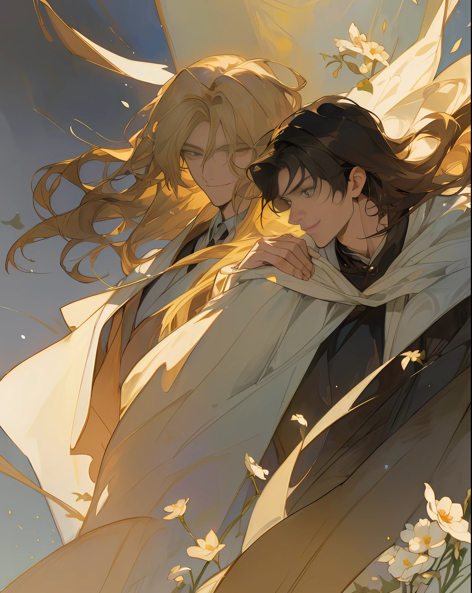 ((top quality, masterpiece)), comic art, concept art, watercolor, two very beautiful young men smiling at each other (blond long-haired young man in robes and valiant and strong male knight with short black hair), angel, smile, pose, particle, wind, flower, upper body, simple background, looking at viewer, using backlight and rim light