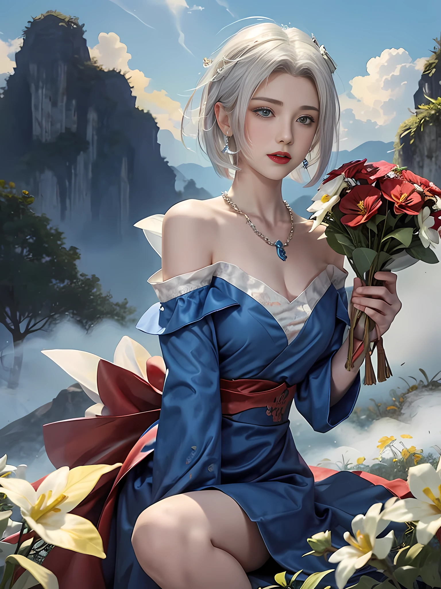 (Back: 1.3), Rackflower, (Wearing Red Wedding Dress: 1.4), BREAK 1 Girl, Full Body, (White Hair, Short Hair), Chuckling, BREAK (Holding Flowers, Blue Flowers, Clouds, Sky, Fog, Vietnamese Mountain View, Gardens Around Vietnam, Birds Around Vietnam: 1.3), BREAK Night Light, Drama Light, Earrings, Necklace, Bracelet