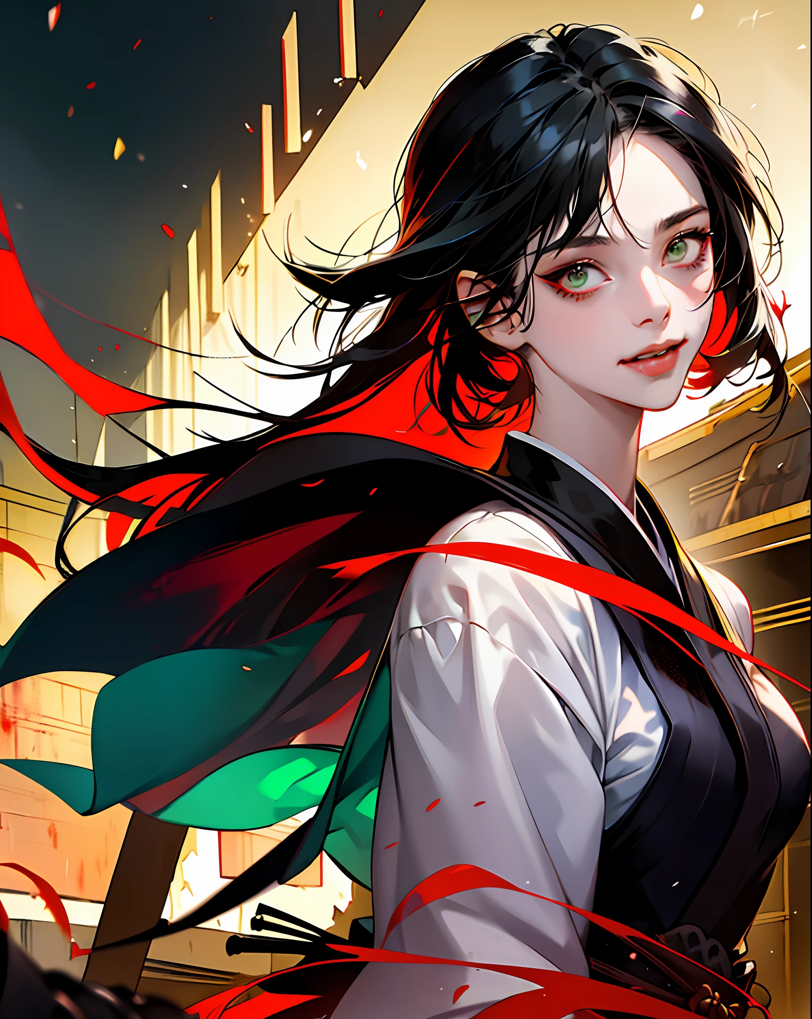 1girl, short black hair, green eyes, medium breasts, samurai warrior, constricted pupils, yandere, light smile, crazy eyes, looking at viewer, kyoto night alley, atmospheric lighting, night sky, blood, blood on face, blood on clothes, torn clothes, head tilt, from below