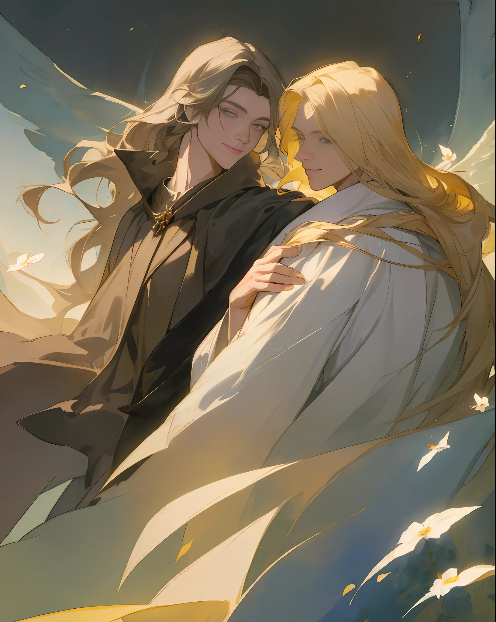 ((top quality, masterpiece)), comic art, concept art, watercolor, two very beautiful young men smiling at each other (blond long-haired young man in robes and valiant and strong male knight with short black hair), angel, smile, pose, particle, wind, flower, upper body, simple background, looking at viewer, using backlight and rim light