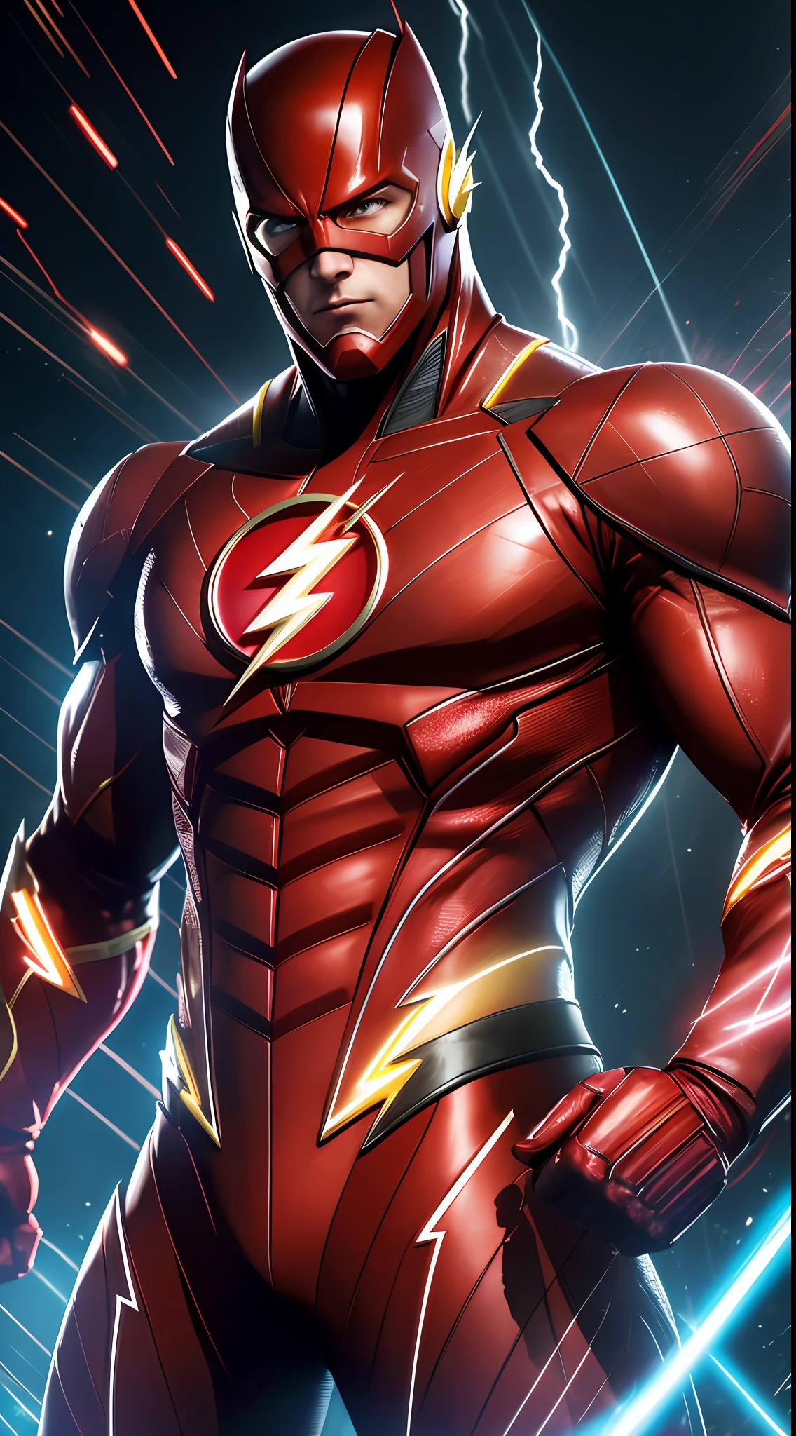 The Flash (Injustice 2), best quality, high resolution, tall, muscular, hunk, white plates and scarlet red neon suit, big glowing yellow eyes, standing powerfully pose, yellow lightning trail, detailed face, detailed suit, ultra detailed, masterpiece, tunnle of light in the background, 4k, raw photo, volumetric lighting, low camera angle