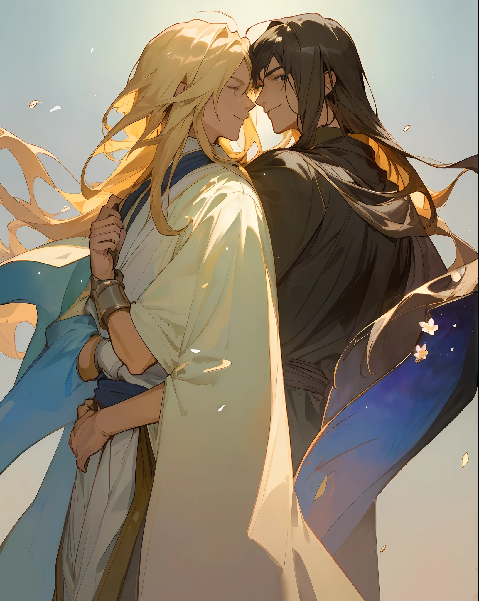 ((top quality, masterpiece)), comic art, concept art, watercolor, two very beautiful young men smiling at each other (blond long-haired young man in robes and valiant and strong male knight with short black hair), angel, smile, pose, particle, wind, flower, upper body, simple background, looking at viewer, using backlight and rim light