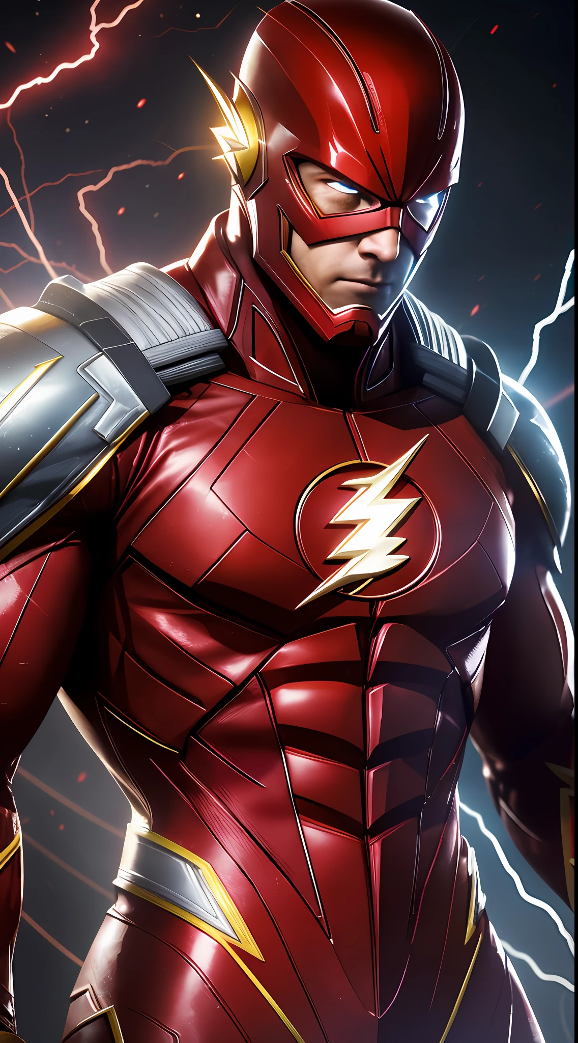 The Flash (Injustice 2), best quality, high resolution, tall, muscular, hunk, white plates and scarlet red neon suit, big glowing yellow eyes, standing powerfully pose, yellow lightning trail, detailed face, detailed suit, ultra detailed, masterpiece, tunnle of light in the background, 4k, raw photo, volumetric lighting, low camera angle