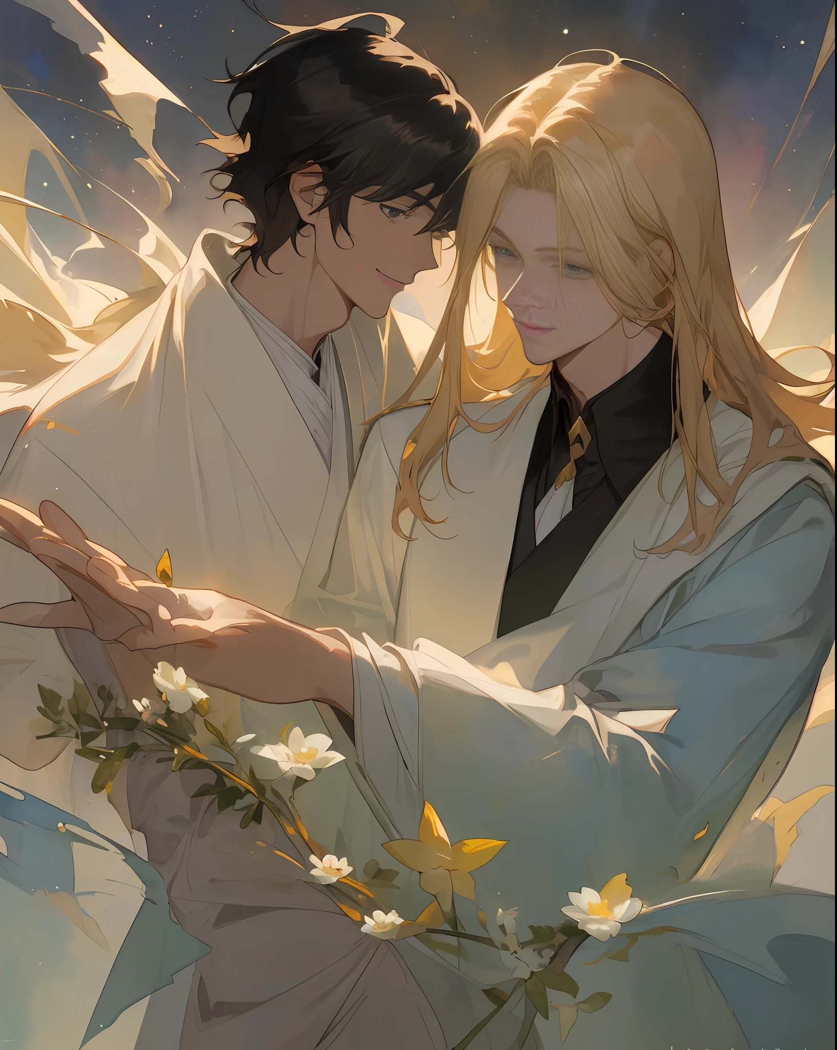 ((top quality, masterpiece)), comic art, concept art, watercolor, two very beautiful young men smiling at each other (blond long-haired young man in robes and valiant and strong male knight with short black hair), angel, smile, pose, particle, wind, flower, upper body, simple background, looking at viewer, using backlight and rim light