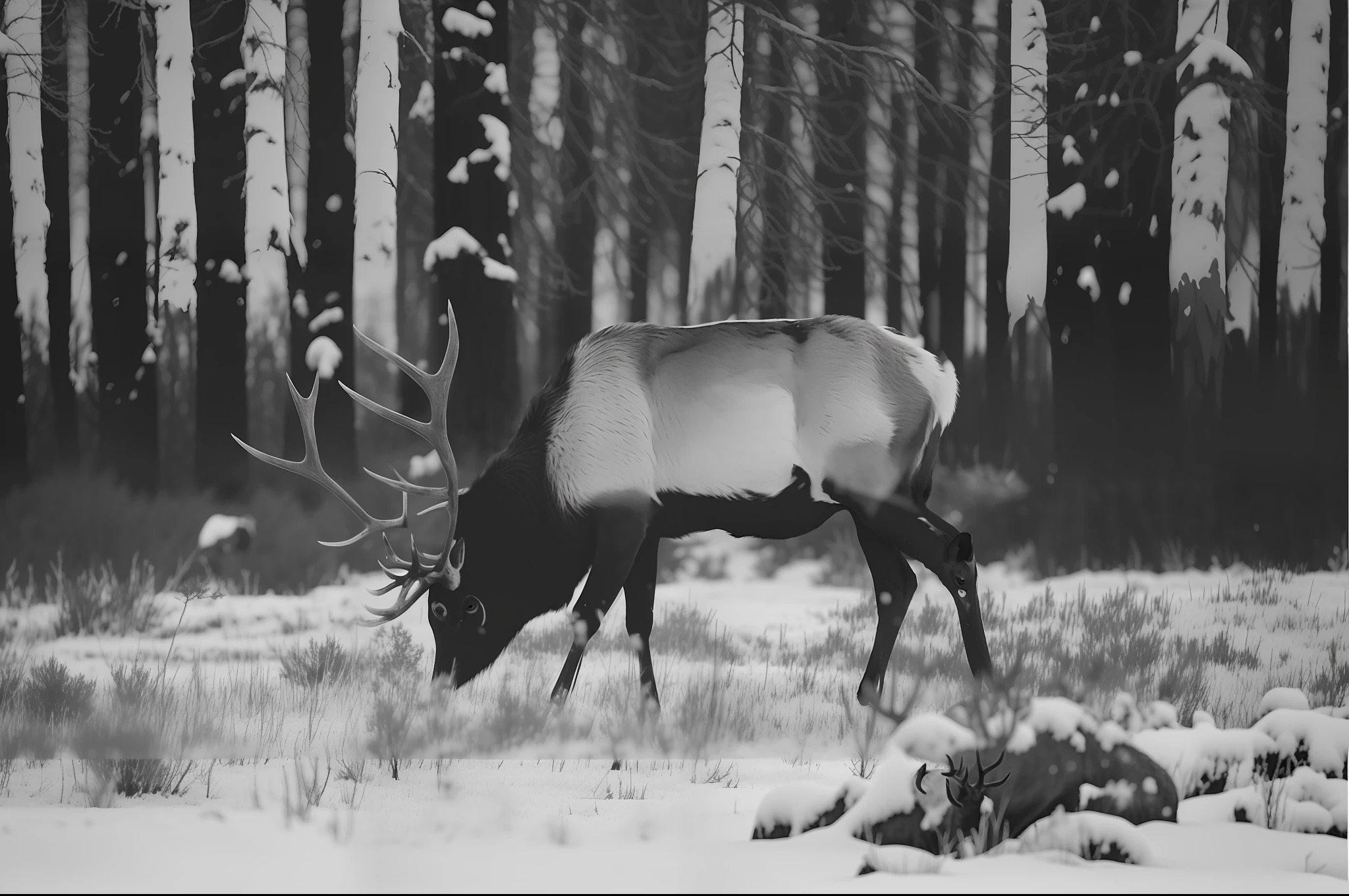 araffe grazing in a snowy forest with trees in the background, elk, grayscale photography, wildlife photography canon, wildlife photograph, winter photograph, b&w photo, looking majestic in forest, b & w detailed sharp photo, black and white picture, winter, black and white photo, wildlife. atmospheric, unsplash contest winning photo, antlers --auto --s2