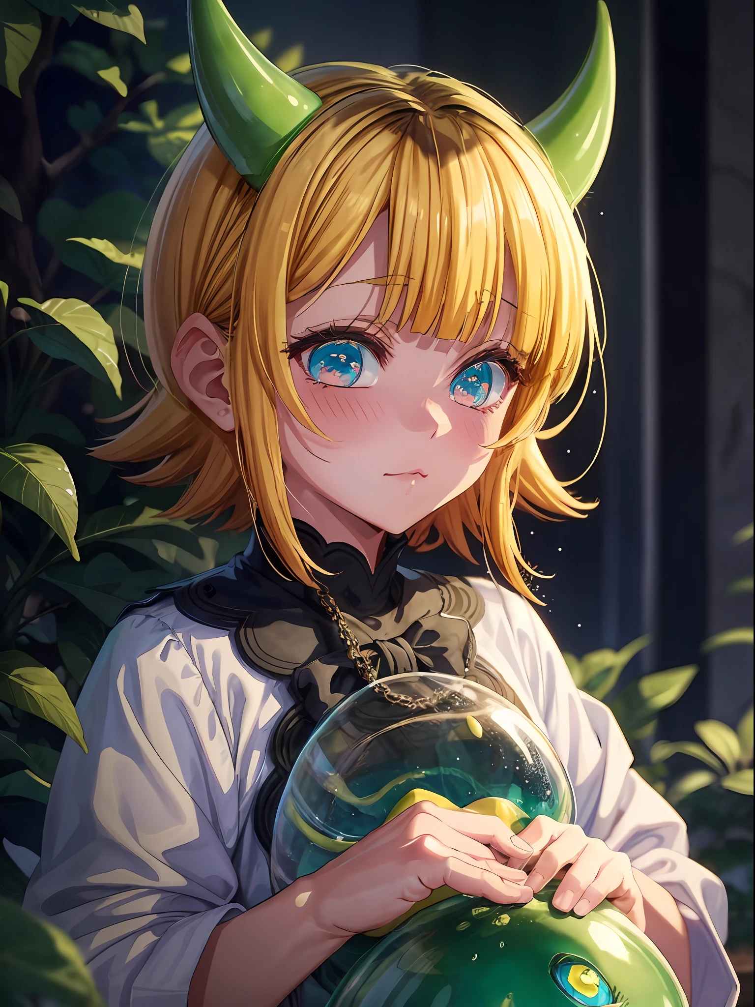 memcho, blonde, small horns, short hair, big eyes, ω, closed mouth, yumekawa, yumekawaii, pastel colors, wonderland garden, dripping ink, imagination, slime, holding a slime, (Slime:1.3), cinematic lighting, wet skin, wet hair,