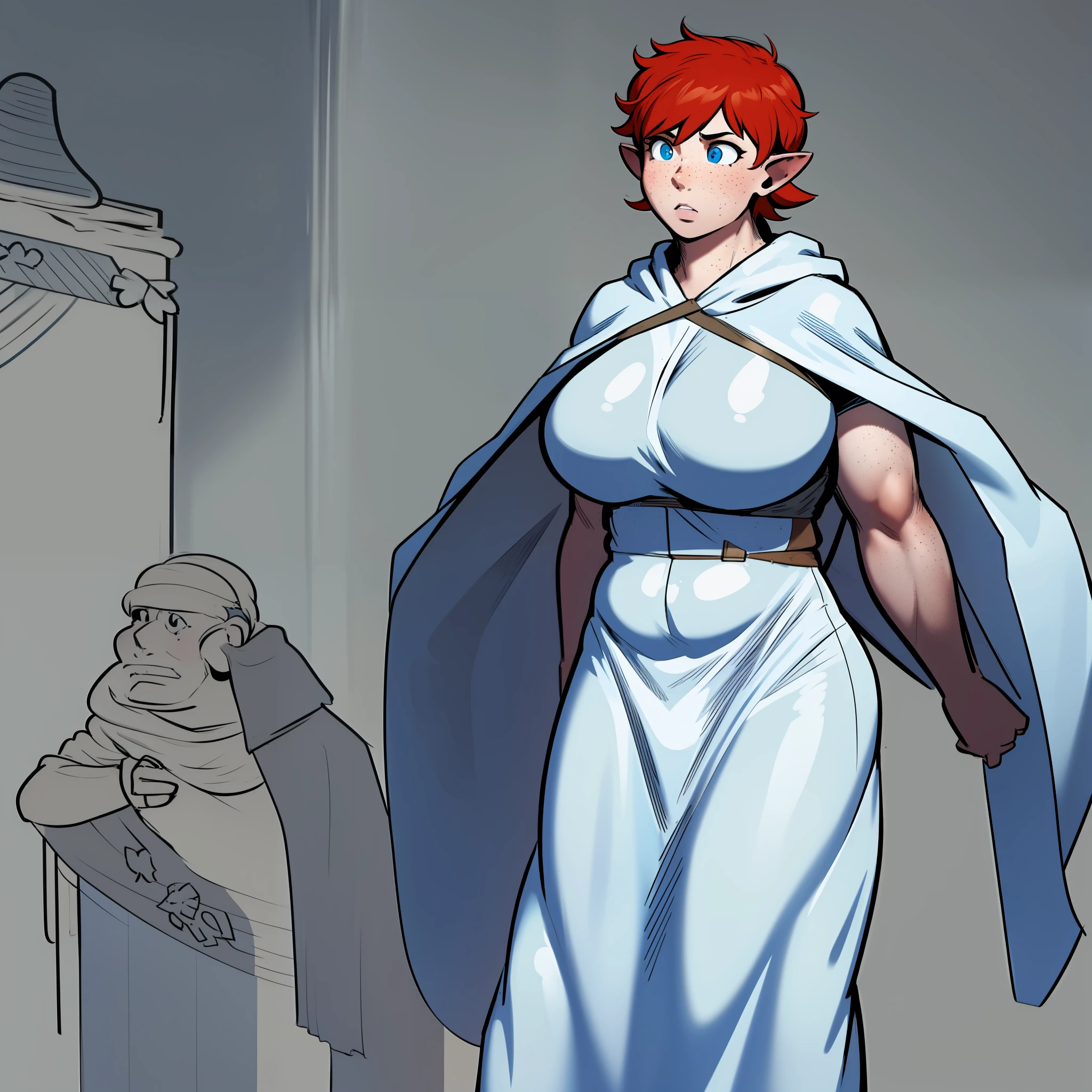 huge chest, tall woman, red hair, nun, priestess, curvy, short hair, tomboy, freckles, portrait,1character, full body,1girl, tall female, solo, solo focus