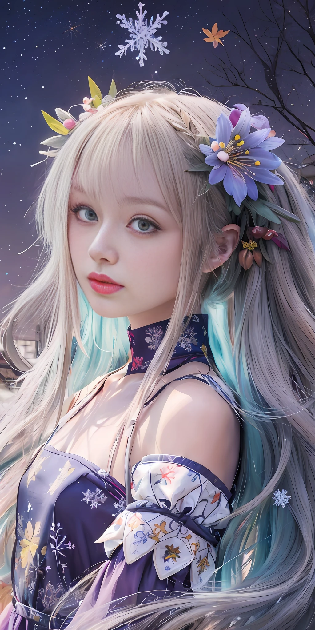 ((masterpiece:1.4, best quality))+, (ultra detailed)+,1girl,silver hair, twintails,very long hair, blue eyes, flat chest, (Geometric Seasons, seasonal patterns, (spring blossoms:1.2), (Milky Way:1.05), (autumn leaves:0.95),(beautiful snowflakes:1.2), geometric landscapes, natural cycles, weather-inspired designs, color palettes:1.5), (rainbow, firework, beautiful butterfly:1.3), (beige:1.4), f/16