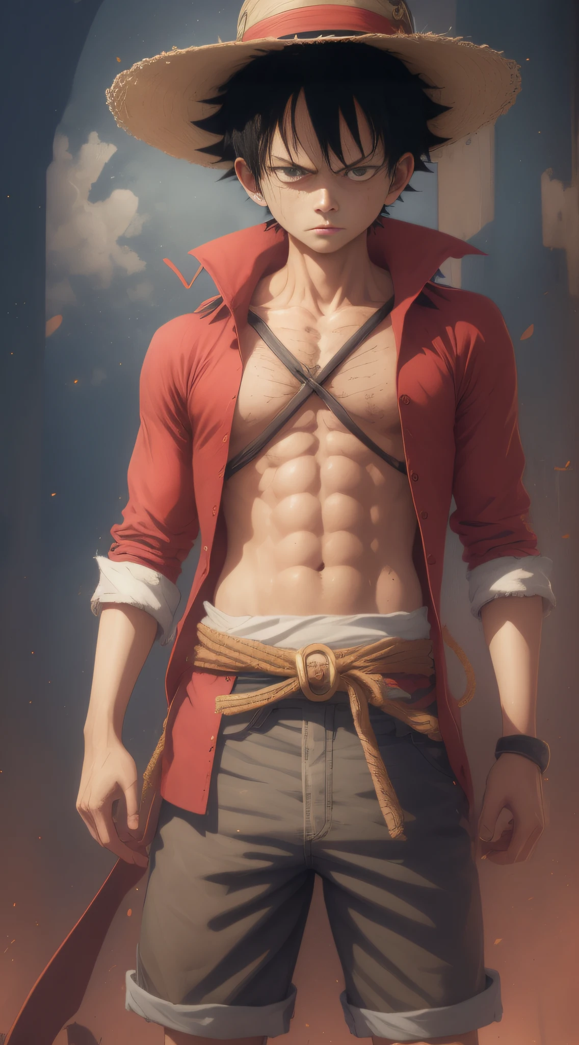 Luffy has black shaggy hair, round black eyes, and a slim muscular build. He is renowned for his trademark straw hat, which was lent to him when he was young by the legendary pirate captain, "Red-Haired" Shanks,[35] who in turn received it from Gol D. Roger.[43] Luffy wears an open, long-sleeved red cardigan with four buttons, with a yellow sash tied around his waist (somewhat reminiscent of Gol D. Roger's outfit). Luffy also has a (scar underneath his left eye), which he earned as  by stabbing his face to show Shanks that he was tough enough to be a pirate.[44]