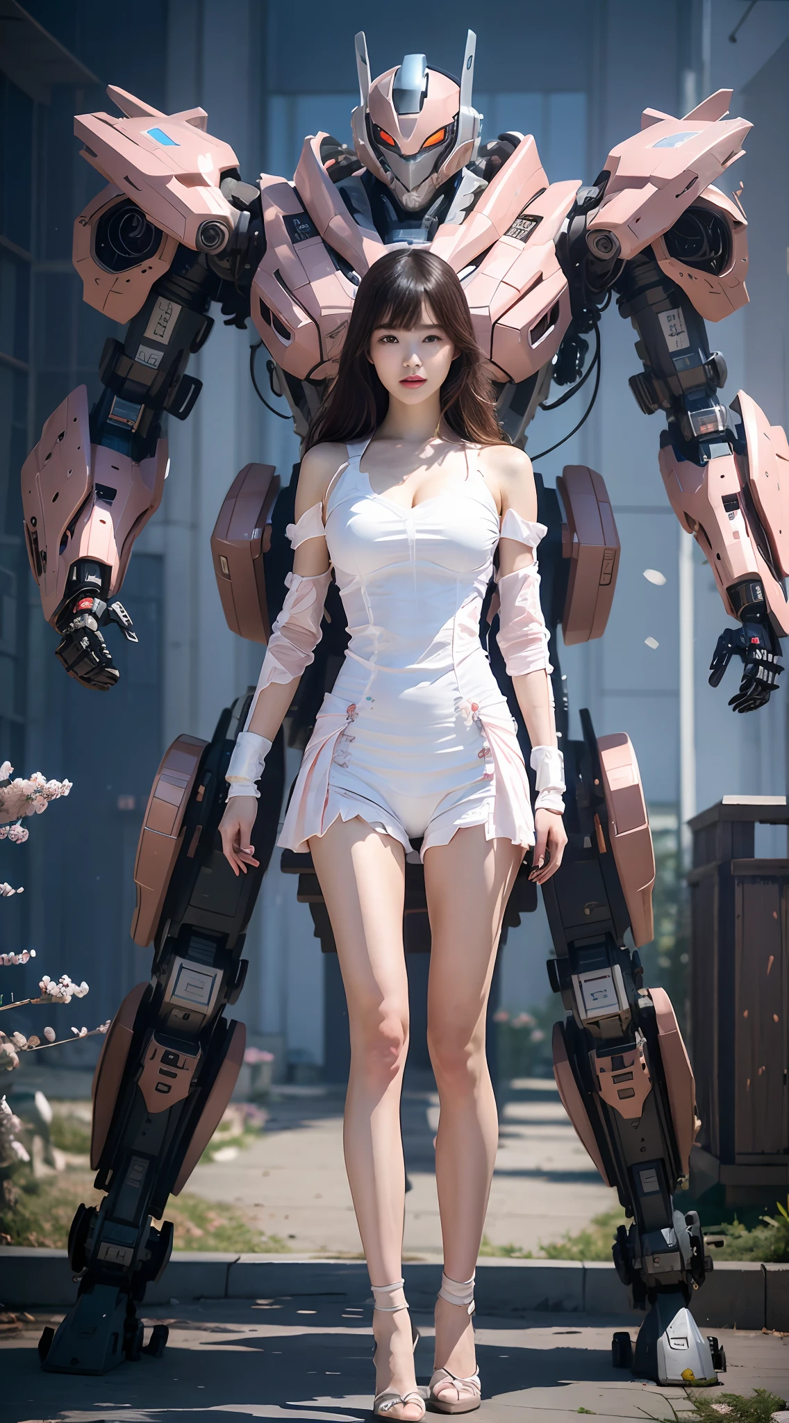 Complex 3d rendering very detailed beautiful ceramic silhouette female robot face, behind stands a huge cherry blossom pink mech warrior, robot parts, 150mm, futuristic battlefield, edge light, vibrant details, luxurious cyberpunk, lace, surrealism, anatomy, facial muscles, cable wires, microchips, elegant, beautiful background, octane rendering, HR Giger style, 8k, best quality, masterpiece, illustration, very refined and beautiful, very detailed, CG, unified, wallpaper, (realism, fidelity: 1.37), amazing, fine details, masterpiece, best quality, official art, very detailed CG unified 8k wallpaper, robot, full body, the overall painting style is very domineering,