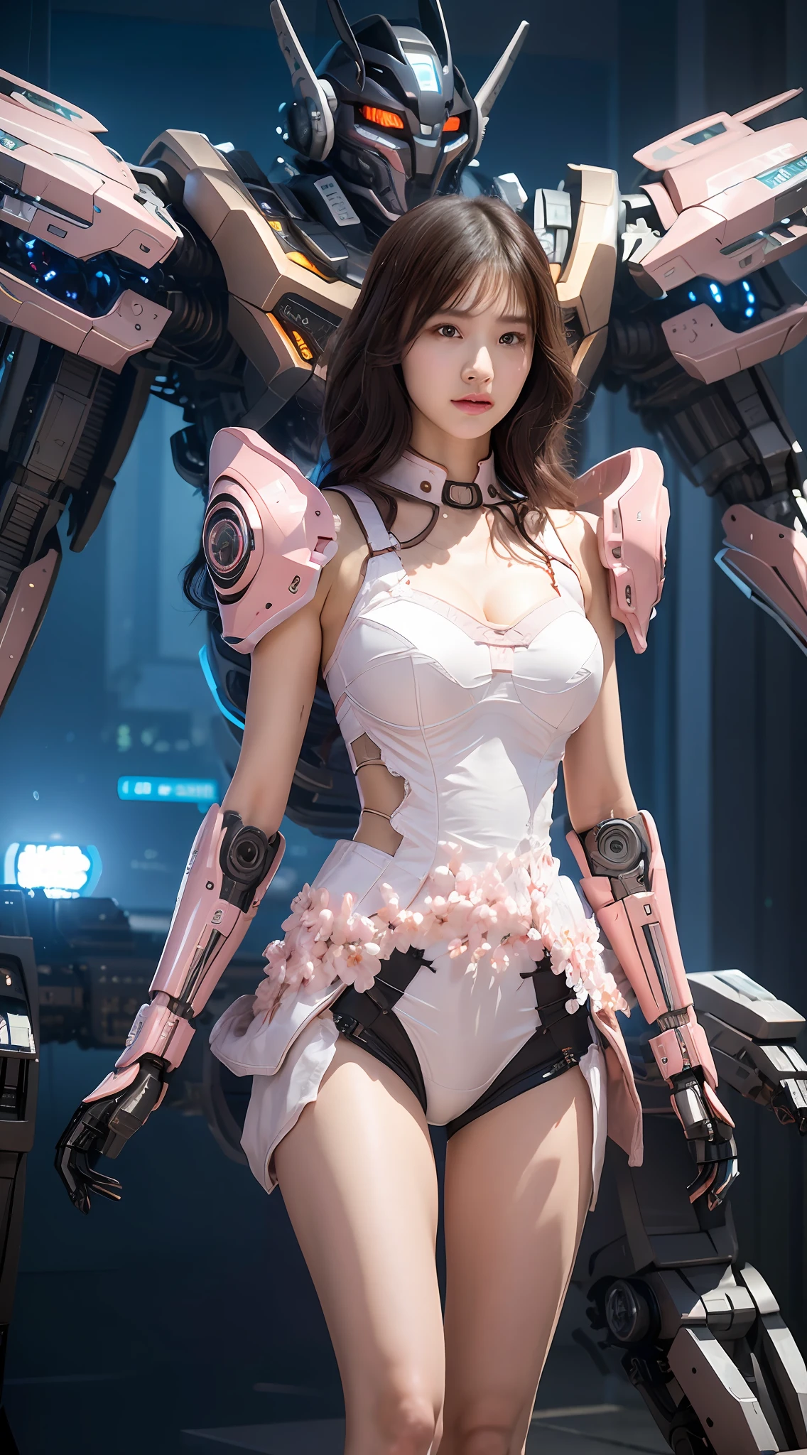 Complex 3d rendering very detailed beautiful ceramic silhouette female robot face, behind stands a huge cherry blossom pink mech warrior, robot parts, 150mm, futuristic battlefield, edge light, vibrant details, luxurious cyberpunk, lace, surrealism, anatomy, facial muscles, cable wires, microchips, elegant, beautiful background, octane rendering, HR Giger style, 8k, best quality, masterpiece, illustration, very refined and beautiful, very detailed, CG, unified, wallpaper, (realism, fidelity: 1.37), amazing, fine details, masterpiece, best quality, official art, very detailed CG unified 8k wallpaper, robot, full body, the overall painting style is very domineering,