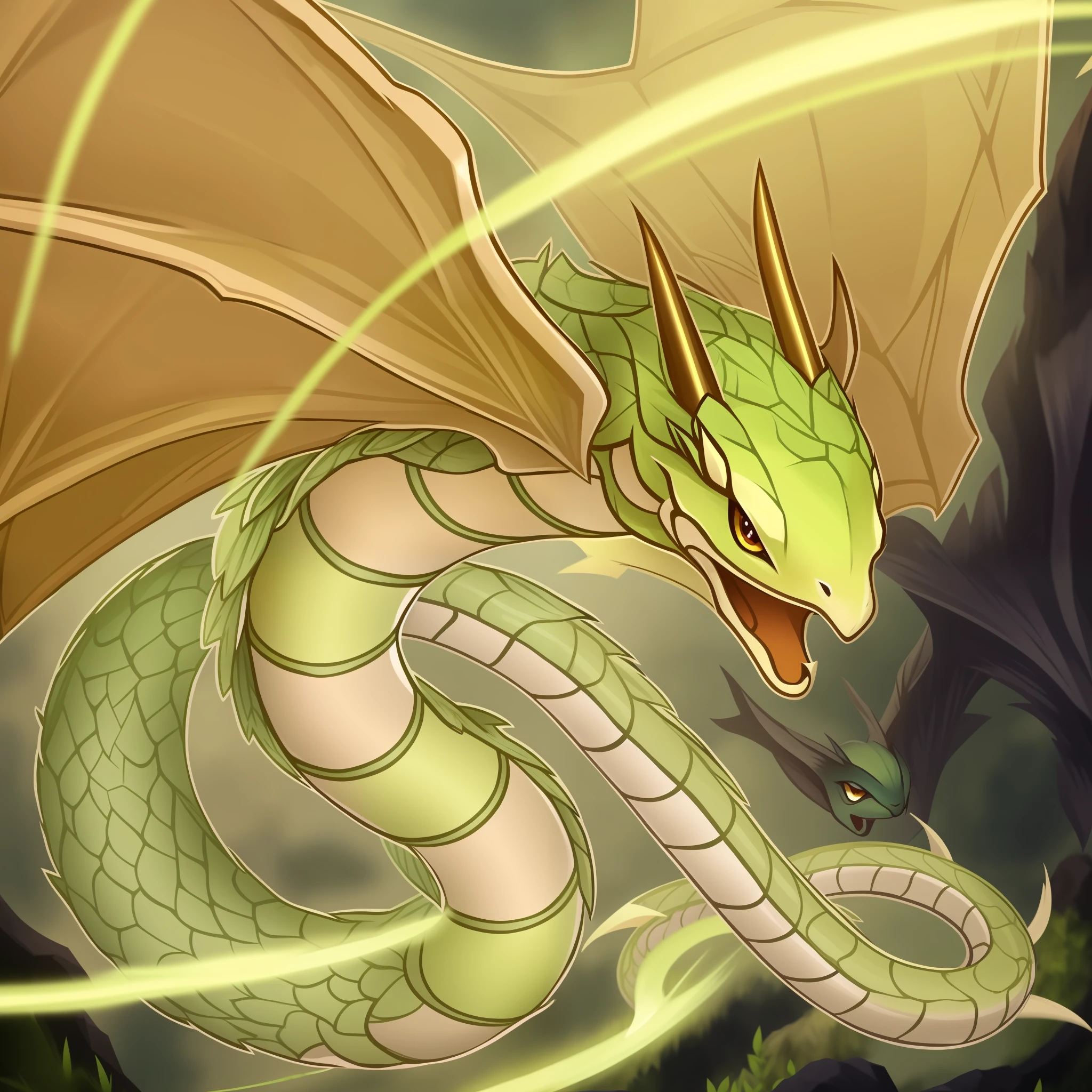 A flying dragon snake, it has a snake-like body, the head of a flying squirrel with dragon horns on its head, the wings of a bat, and the body has pale green fluff. Monsters, game illustrations