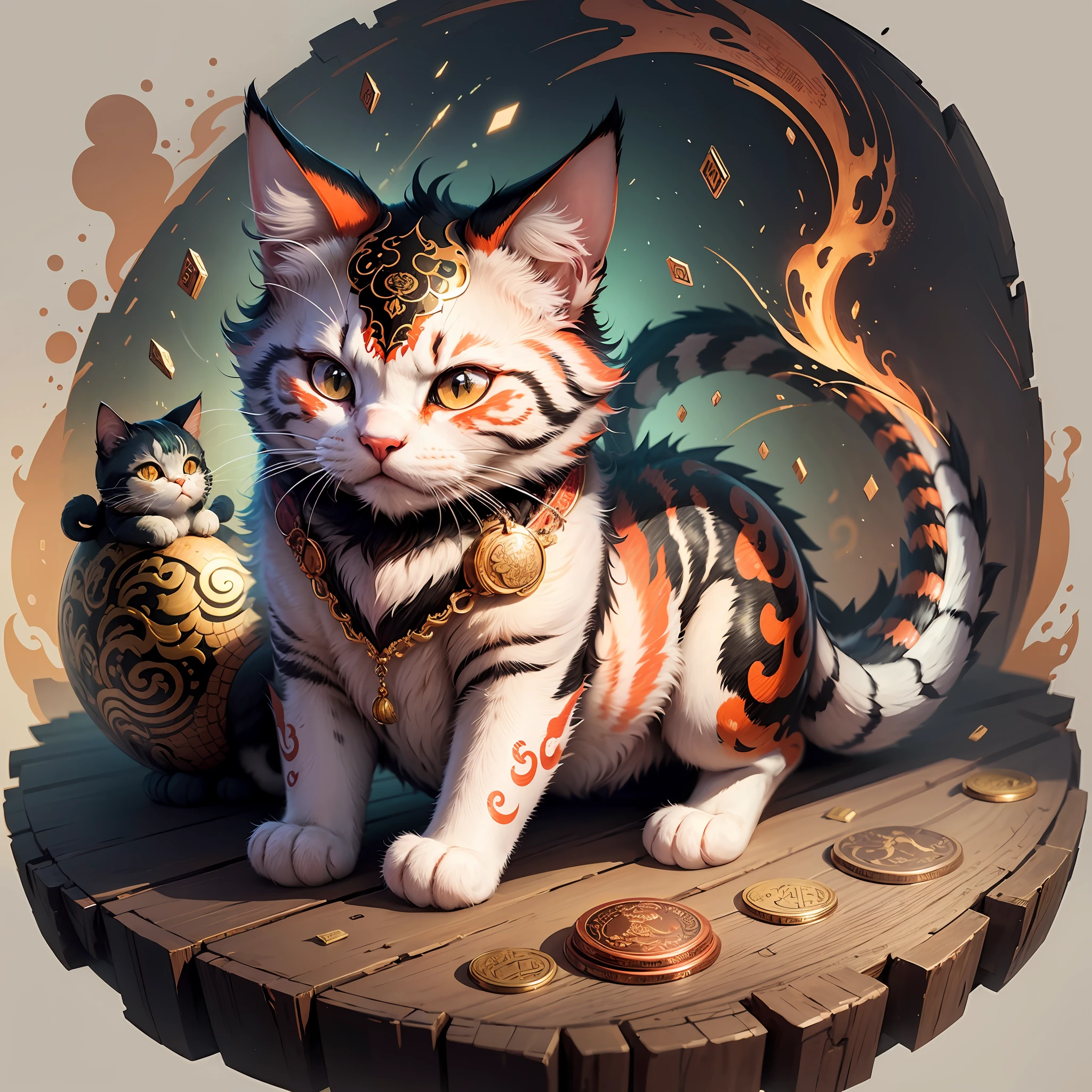 Lucky cat, Chinese style, rich background detail, background with copper coins, dragon, abstraction, atmosphere full, cat itself plus special effects, 4k --auto --s2