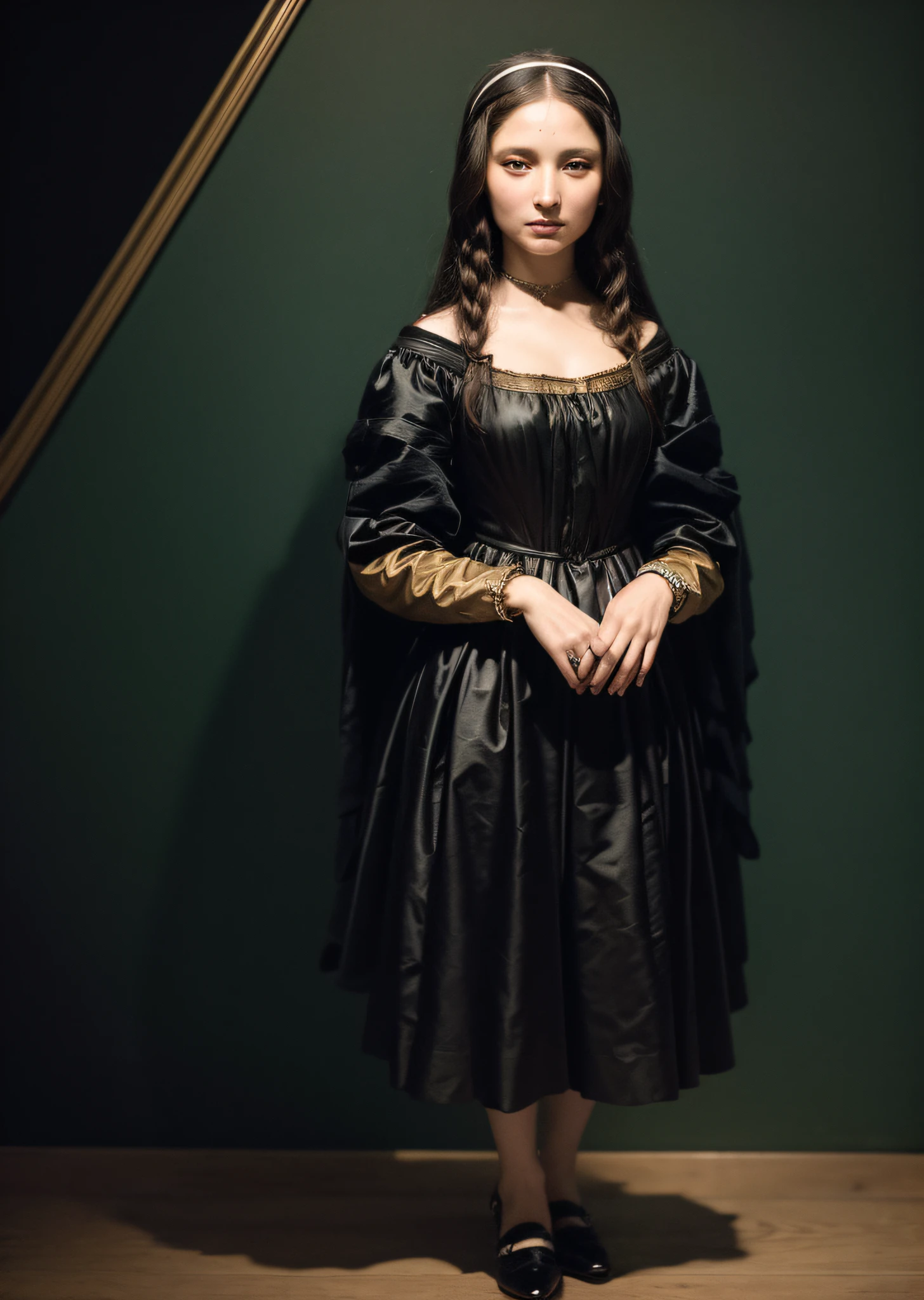 Mona Lisa dressed in rags, standing in the wilderness, gentle expression, full body portrait, shoes, catwalk, masterpiece, highest quality, high quality, highly detailed CG unit 8k wallpaper, award winning photo, bokeh, depth of field, HDR, flood, chromatic aberration, realistic, very detailed, art station trend, CGsociety trend, complex, high detail, dramatic, midway art, volumetric lighting