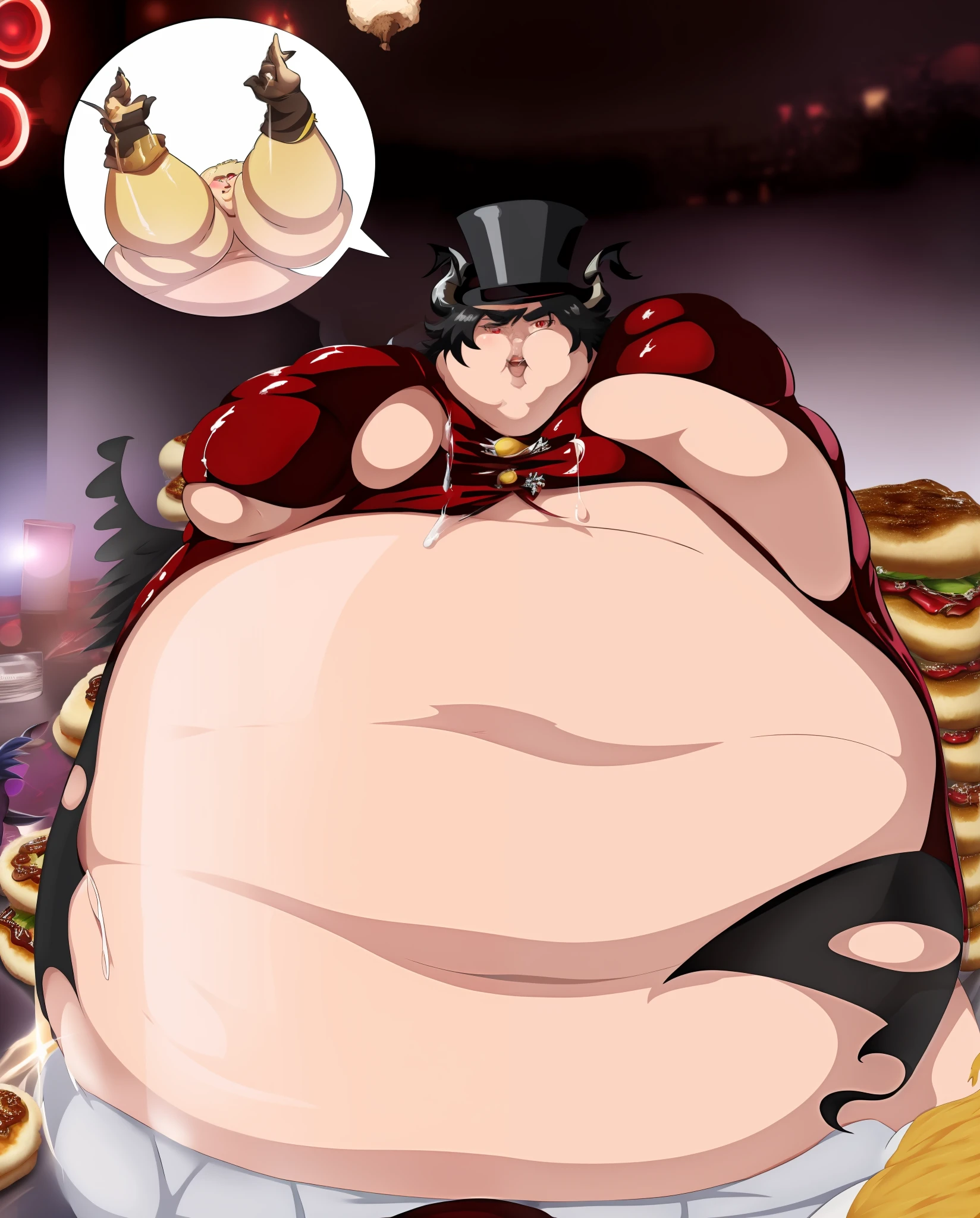 anime character with a large belly and a large belly sitting on a bed, gluttony, , blob anime, eating fast food, obese ), anime hi-fructose, anime food, Sekka, obese, top rated on pixiv fat young man on enormous hands, fat bacchanalian body, he has a jiggly fat round belly, big arms, obese ), fat!!, pose(arms out the side+ struggling+huff and puffing), expression(Smug), arms extended towards viewer, skin color(Charcoal Black ) ,Black, short hair Red hair Tips!! ,anime,male,((Handsome)),arms((Black wings Under arms )),Black Horns with red tips+ ,Round fat Face, multiple chins , Fat Cheeks, Clothes(( consists of a red formal suit!! ,black Top hat!!,)) (Sharp,Red Eyes),((Massive Fat Belly)), (Fat thighs, insanely Wide hips ,massive butt)), super Fat ,high_quality, , Massive proportions, ((Clothes Tearing )), Legs spread out, black feathers around Skin, (High resolution), (High aesthetic)