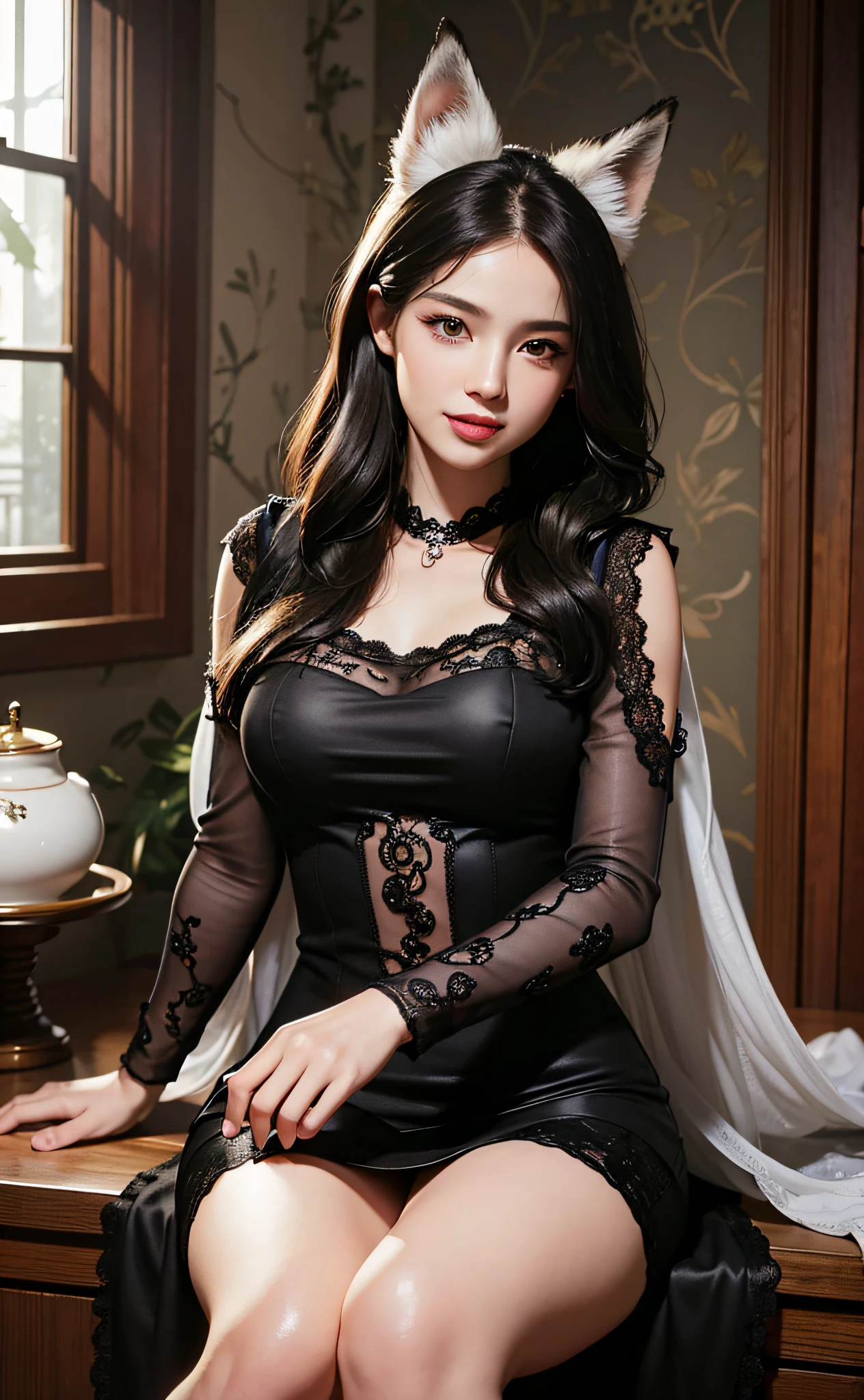 (Best Quality, 8K, Masterpiece: 1.3), (Ultra Real), (Illustration), (High Resolution), (8K), (Very Detailed), (Best Illustration), (Beautiful Detail Eyes), (Best Quality), (Ultra Detailed), (Masterpiece), (Wallpaper), (Detailed Face), Smile, Pure Sweet, (Black Coiled Hair), Highly Detailed Face and Skin, Room, 1 Girl, White Fox Ears, Black Tight Dress, Saturated Light Source, Edge Lighting, Backlight, Movie, Full Body Photo