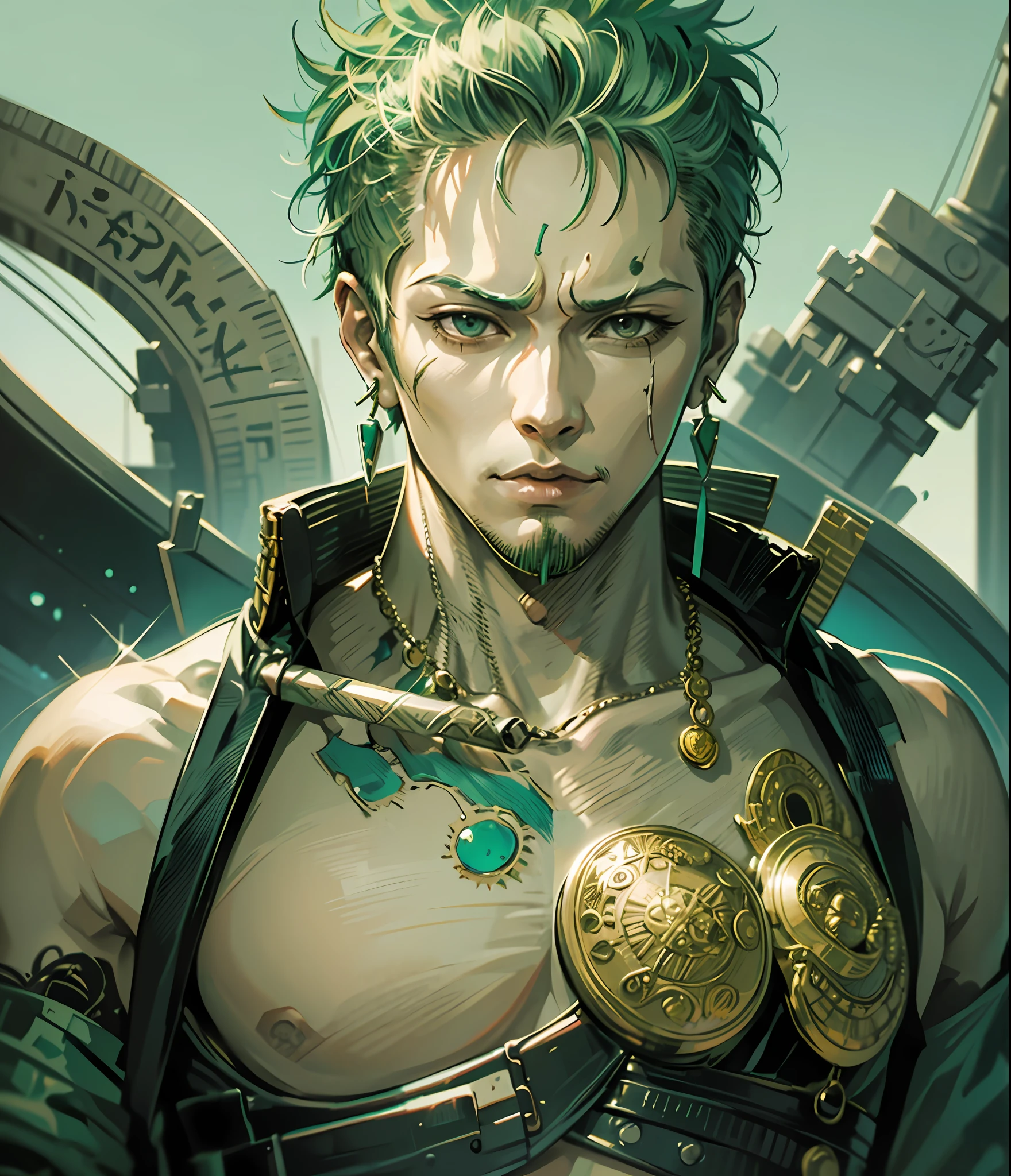 Roronoa Zoro, one piece anime, man, earrings, face, green_hair, jewelry, male_focus, outdoors,(focus whole body shot:1.3), short_hair, symmetrical body, portrait, cinematic lighting, high contrast, artstation, character concept art, 8K , simple background, scar over one eye