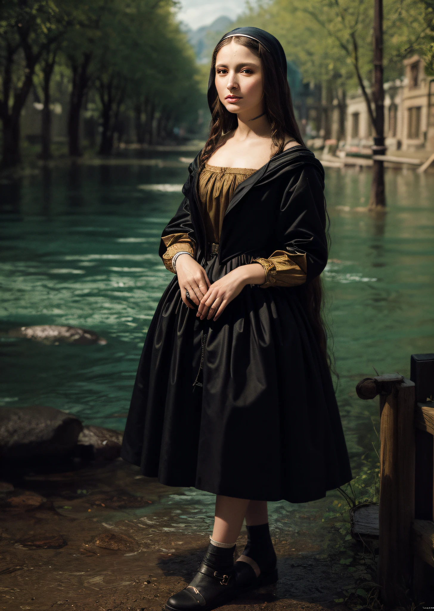 Mona Lisa dressed in rags, standing in the wilderness, gentle expression, full body portrait, shoes, catwalk, masterpiece, highest quality, high quality, highly detailed CG unit 8k wallpaper, award winning photo, bokeh, depth of field, HDR, flood, chromatic aberration, realistic, very detailed, art station trend, CGsociety trend, complex, high detail, dramatic, midway art, volumetric lighting